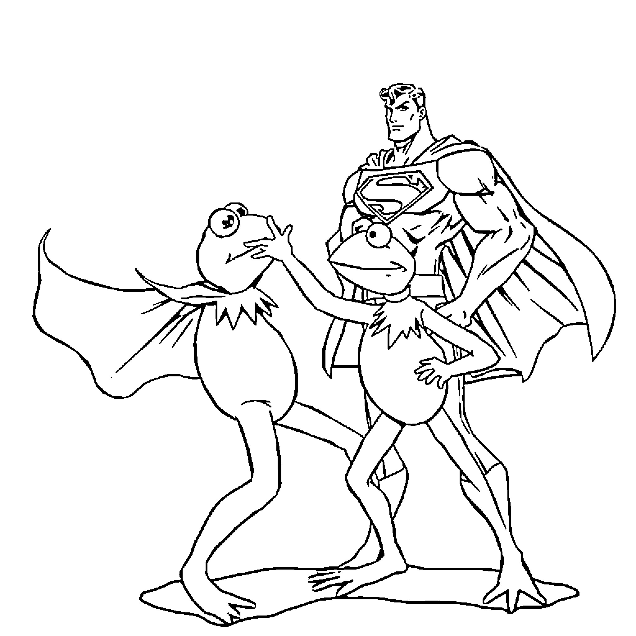 Kermit the Frog and Superman in an unlikely partnership Coloring Page (free black-and-white line drawing printable PDF for all, from beginners to advanced learners, including children, teens, adults, and seniors)