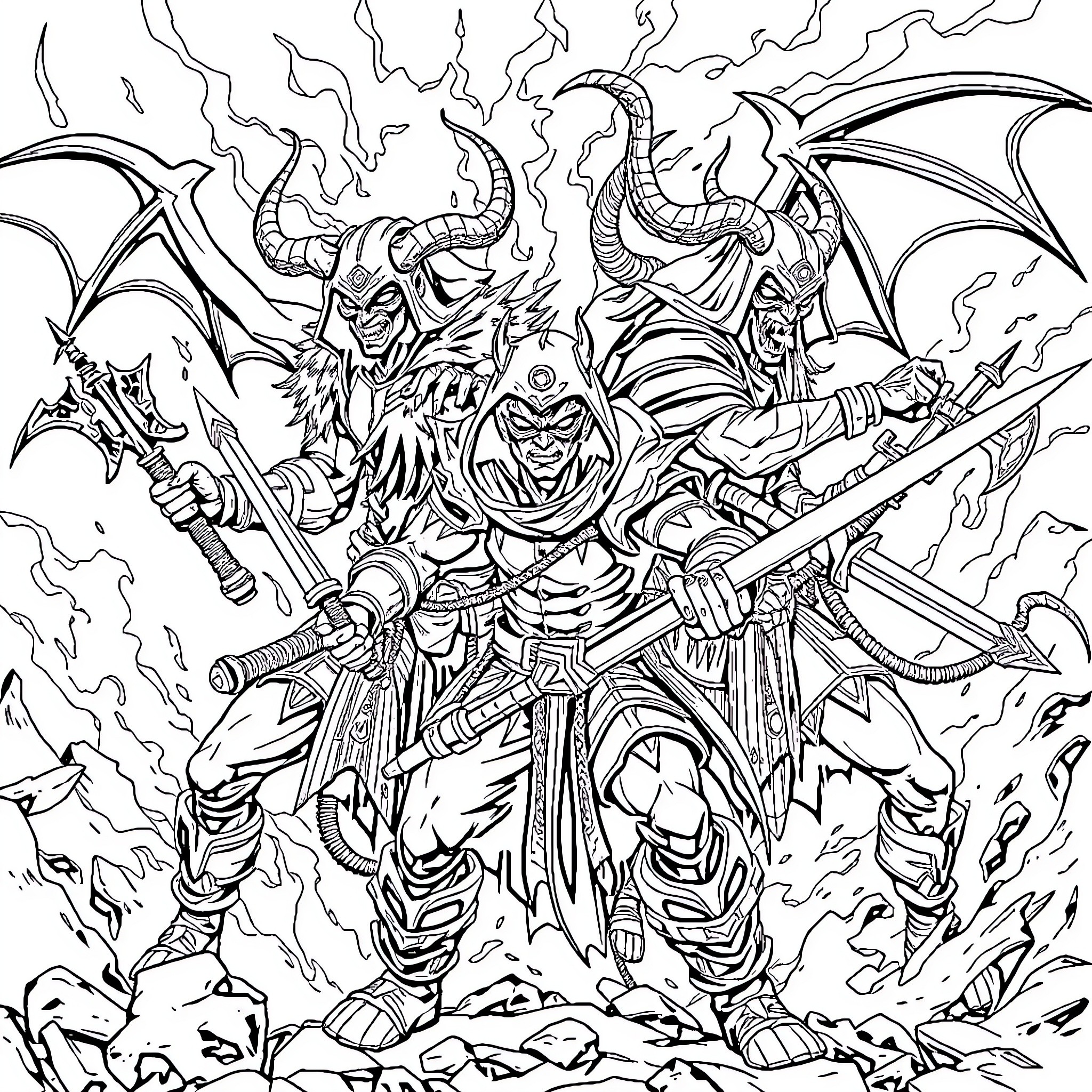 Demon Hunter Battling Fierce Demonic Creatures Coloring Page (free black-and-white line drawing printable PDF for all, from beginners to advanced learners, including children, teens, adults, and seniors)