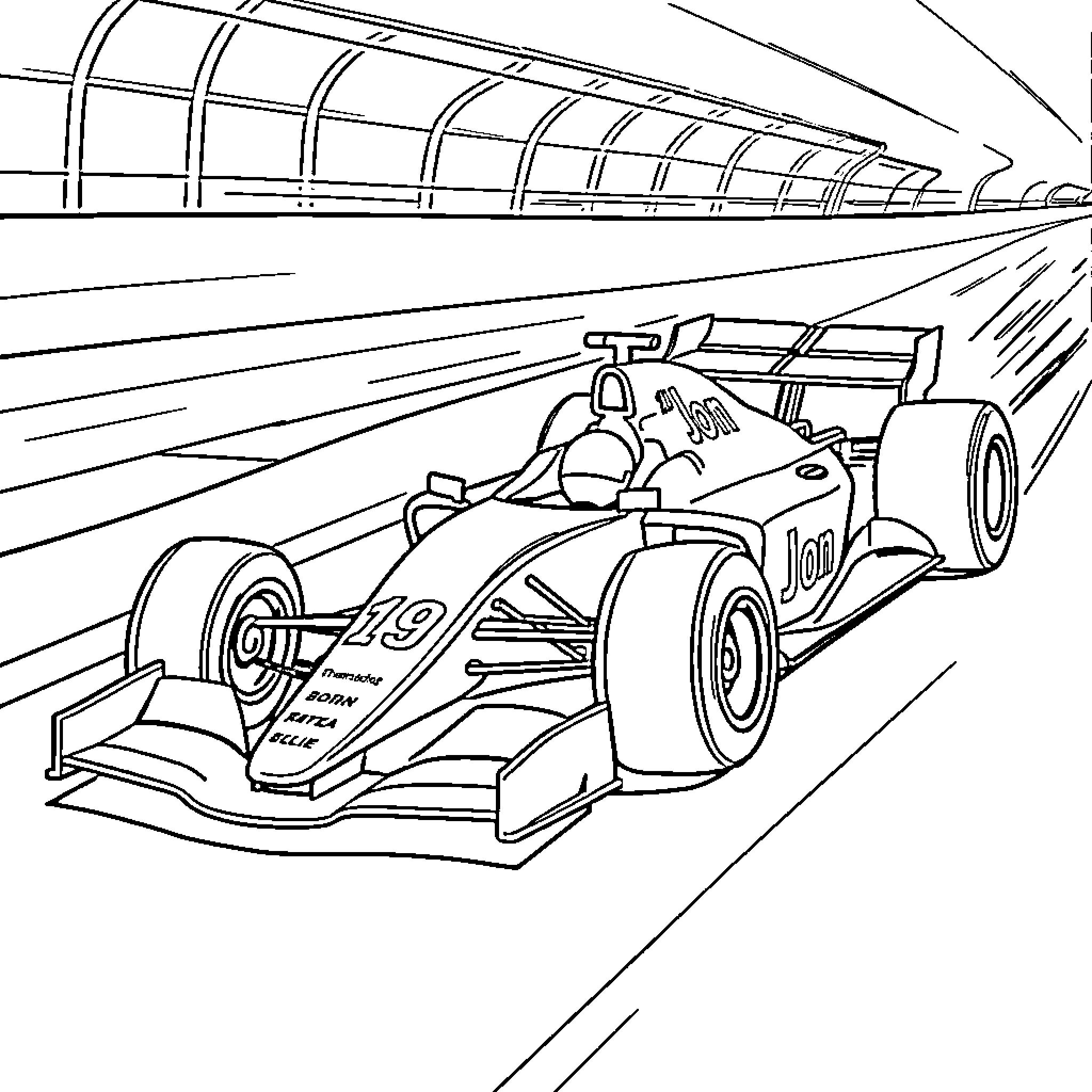 Formula 1 Race Car in High-Speed Action Coloring Page (free black-and-white line drawing printable PDF for all, from beginners to advanced learners, including children, teens, adults, and seniors)