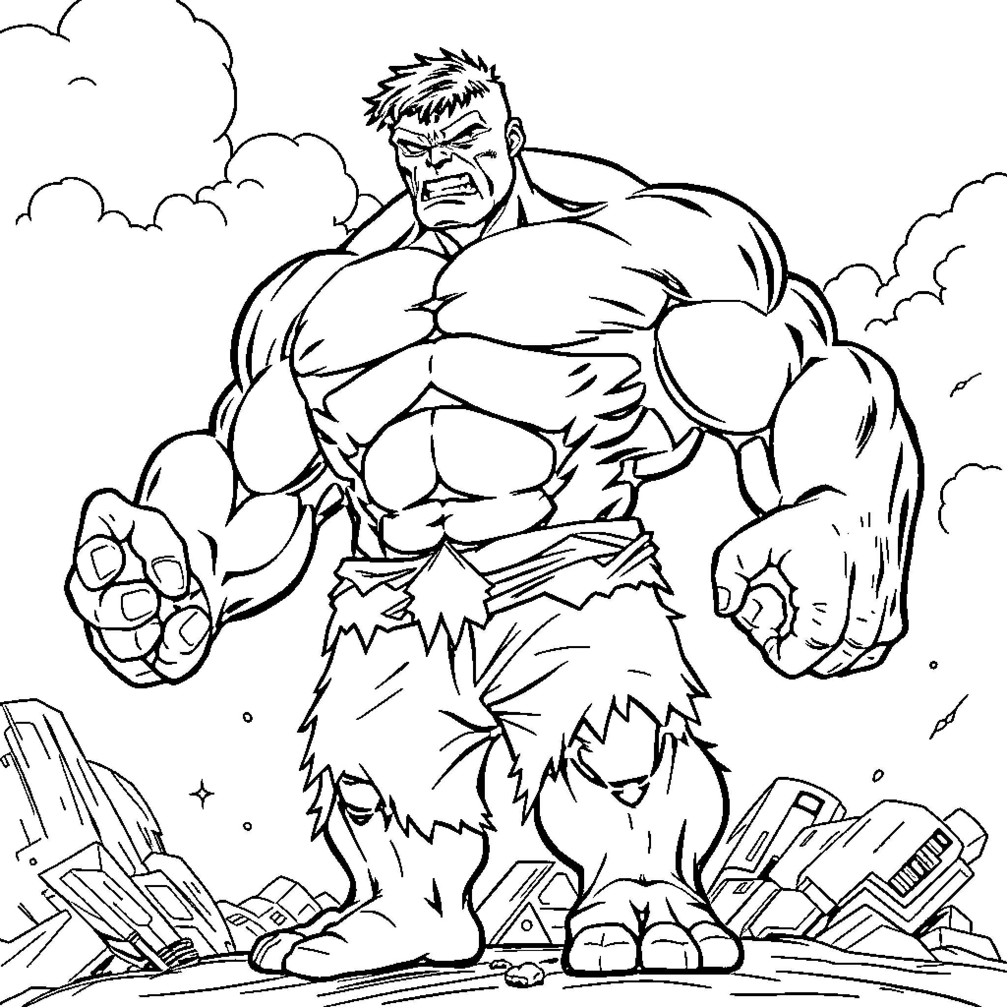 Hulk's Mighty Rampage in the City Ruins Coloring Page (free black-and-white line drawing printable PDF for all, from beginners to advanced learners, including children, teens, adults, and seniors)