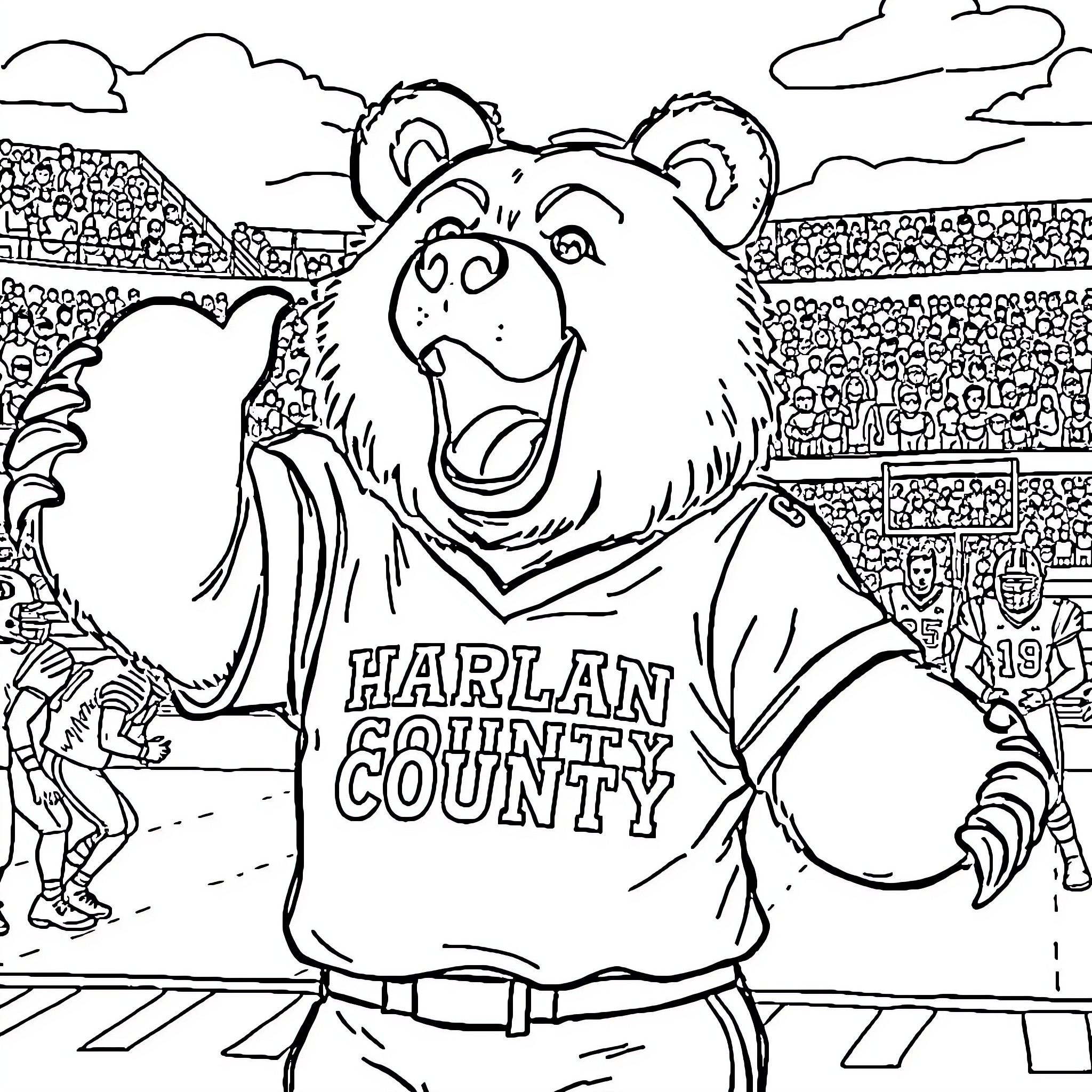 Bear mascot cheering for Harlan County team Coloring Page (free black-and-white line drawing printable PDF for all, from beginners to advanced learners, including children, teens, adults, and seniors)
