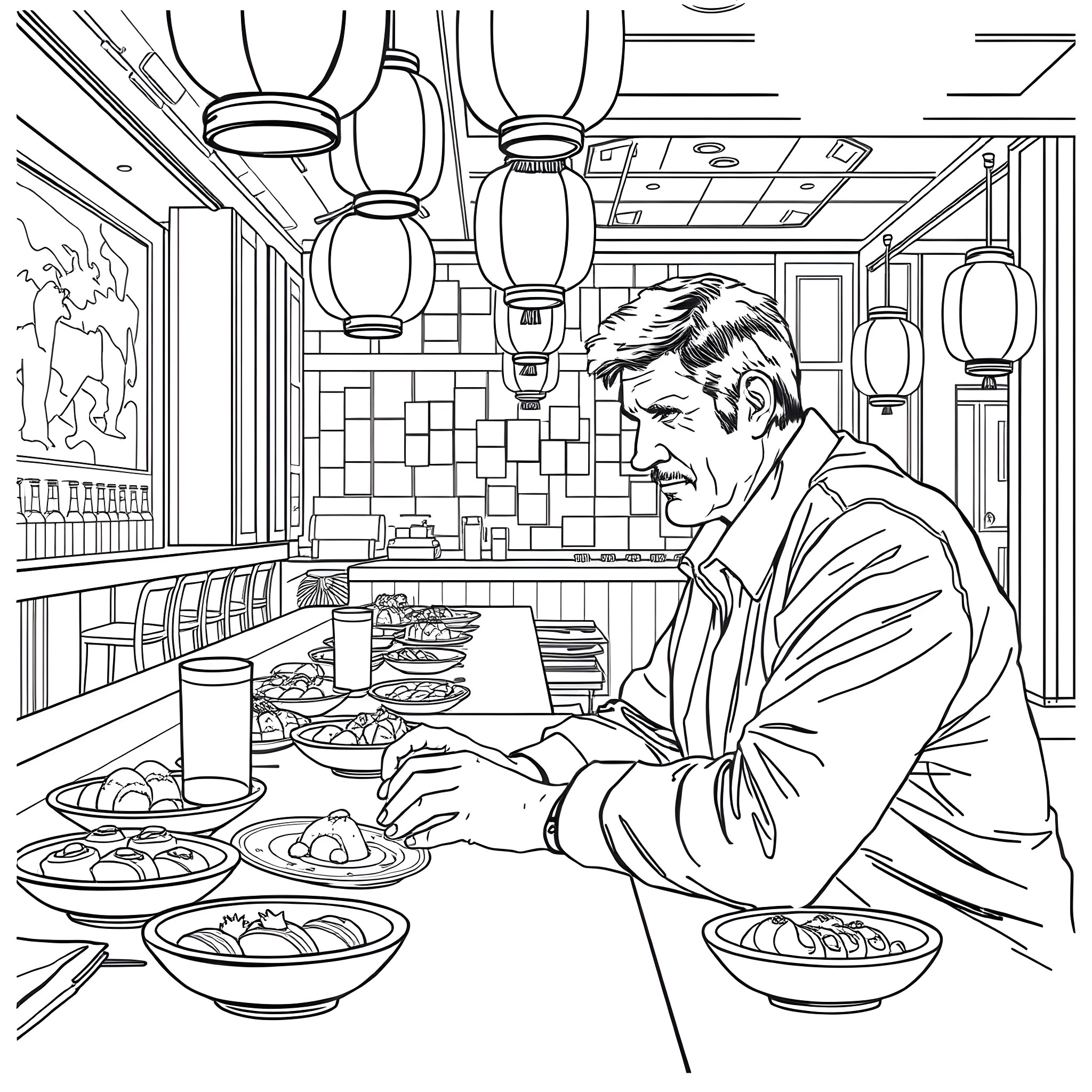 Rick Deckard enjoying a meal in his kitchen Coloring Page (free black-and-white line drawing printable PDF for all, from beginners to advanced learners, including children, teens, adults, and seniors)