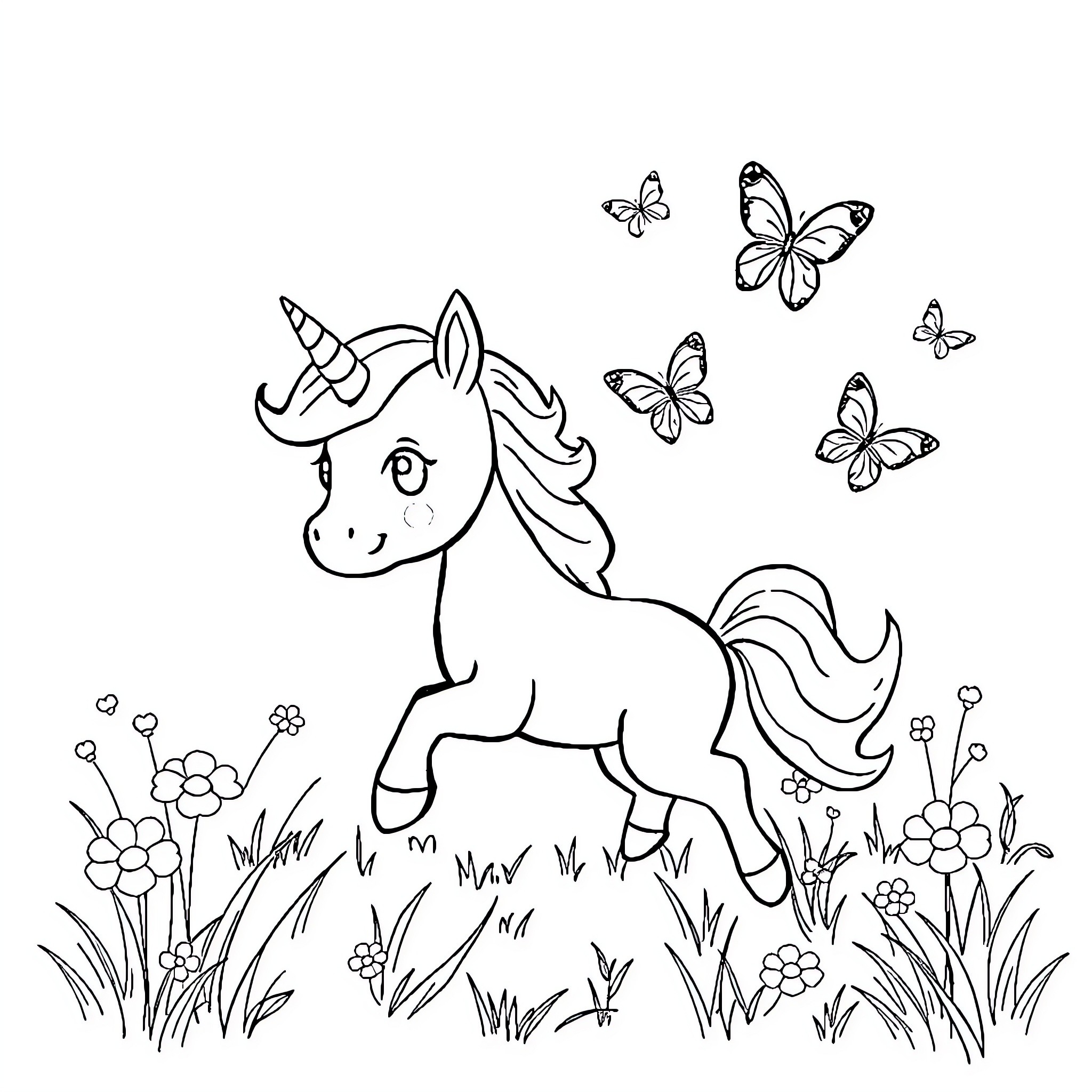 Unicorn frolicking among flowers and butterflies Coloring Page (free black-and-white line drawing printable PDF for all, from beginners to advanced learners, including children, teens, adults, and seniors)