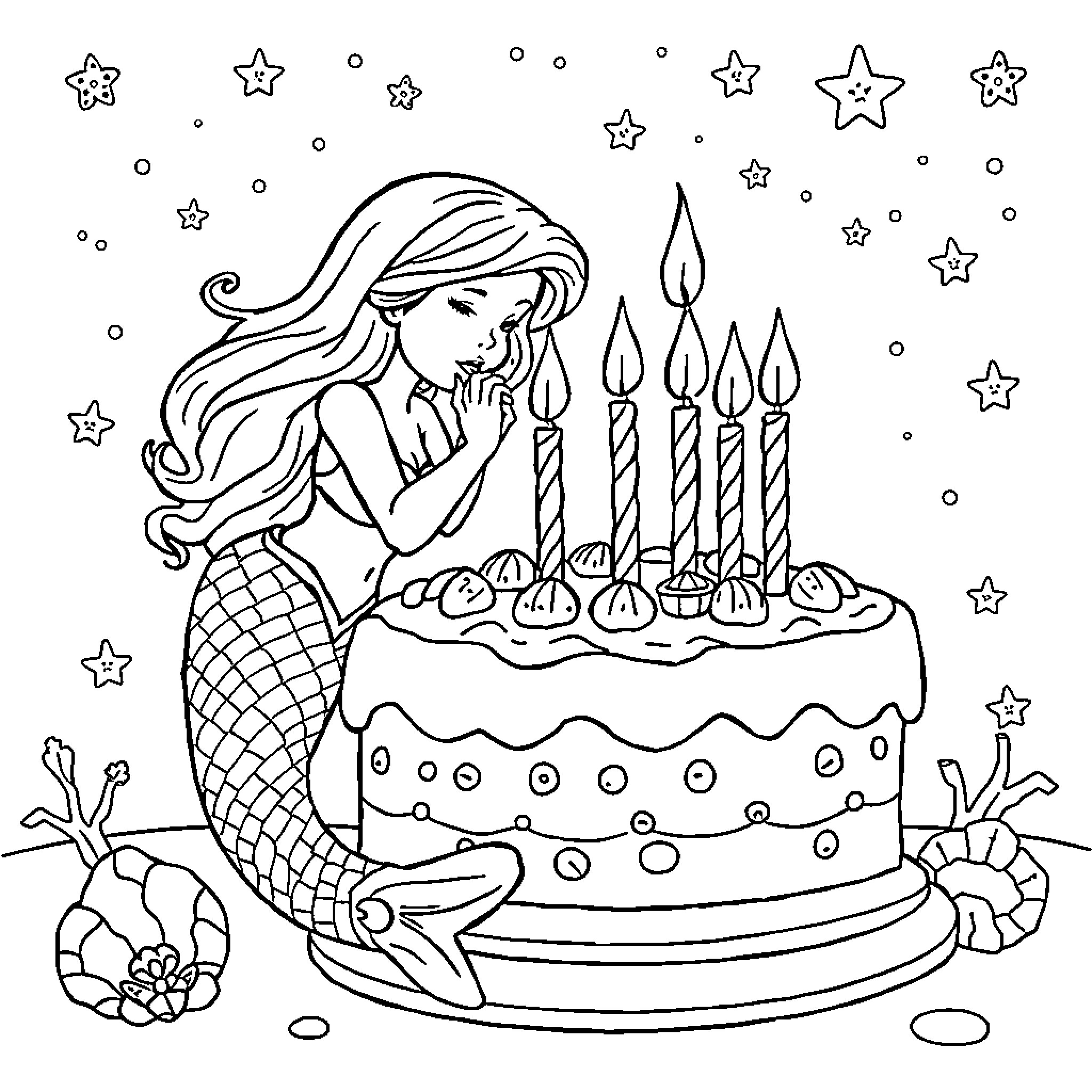 Mermaid celebrates birthday with underwater cake Coloring Page (free black-and-white line drawing printable PDF for all, from beginners to advanced learners, including children, teens, adults, and seniors)