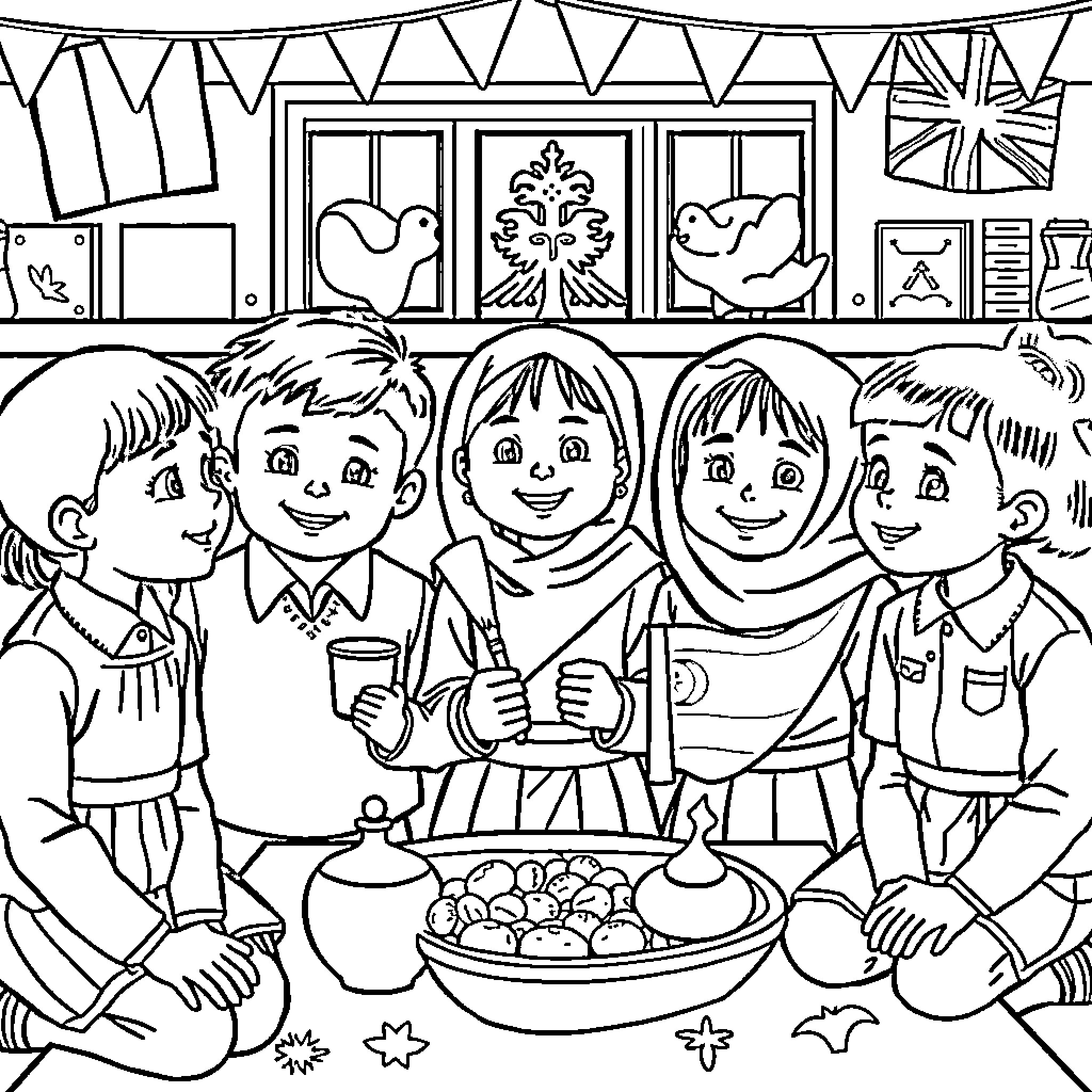 Students Enjoying Traditional Tea Ceremony Coloring Page (free black-and-white line drawing printable PDF for all, from beginners to advanced learners, including children, teens, adults, and seniors)