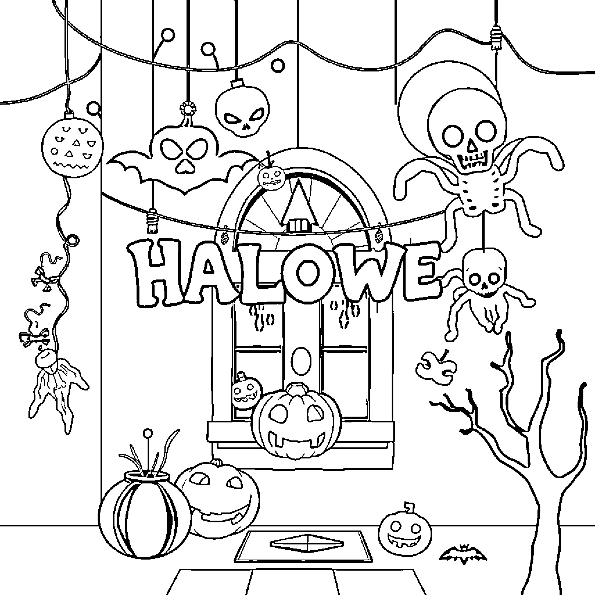 Halloween decorations and characters in spooky scene Coloring Page (free black-and-white line drawing printable PDF for all, from beginners to advanced learners, including children, teens, adults, and seniors)