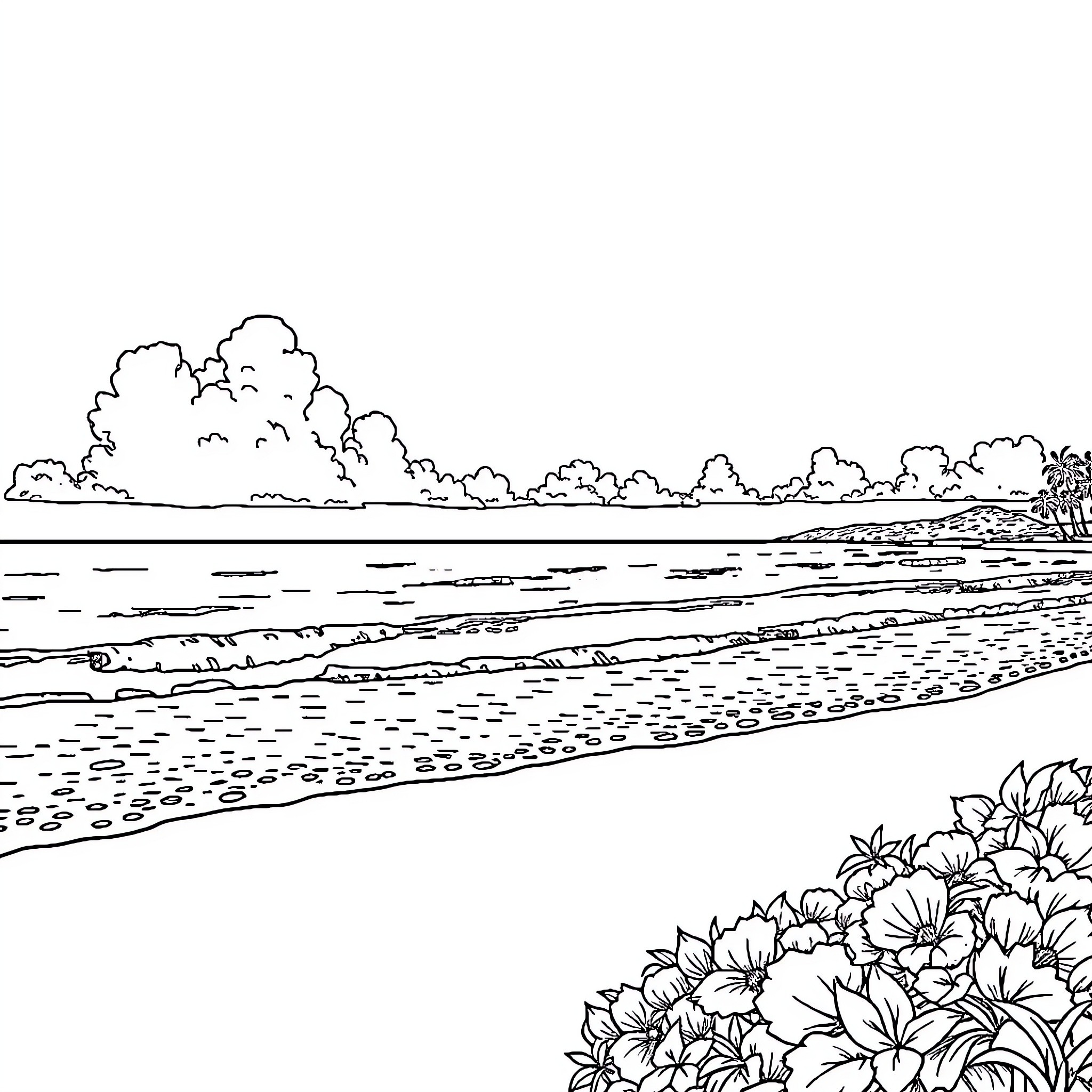 Beach with Scenic Landscape and Floral Foreground Coloring Page (free black-and-white line drawing printable PDF for all, from beginners to advanced learners, including children, teens, adults, and seniors)
