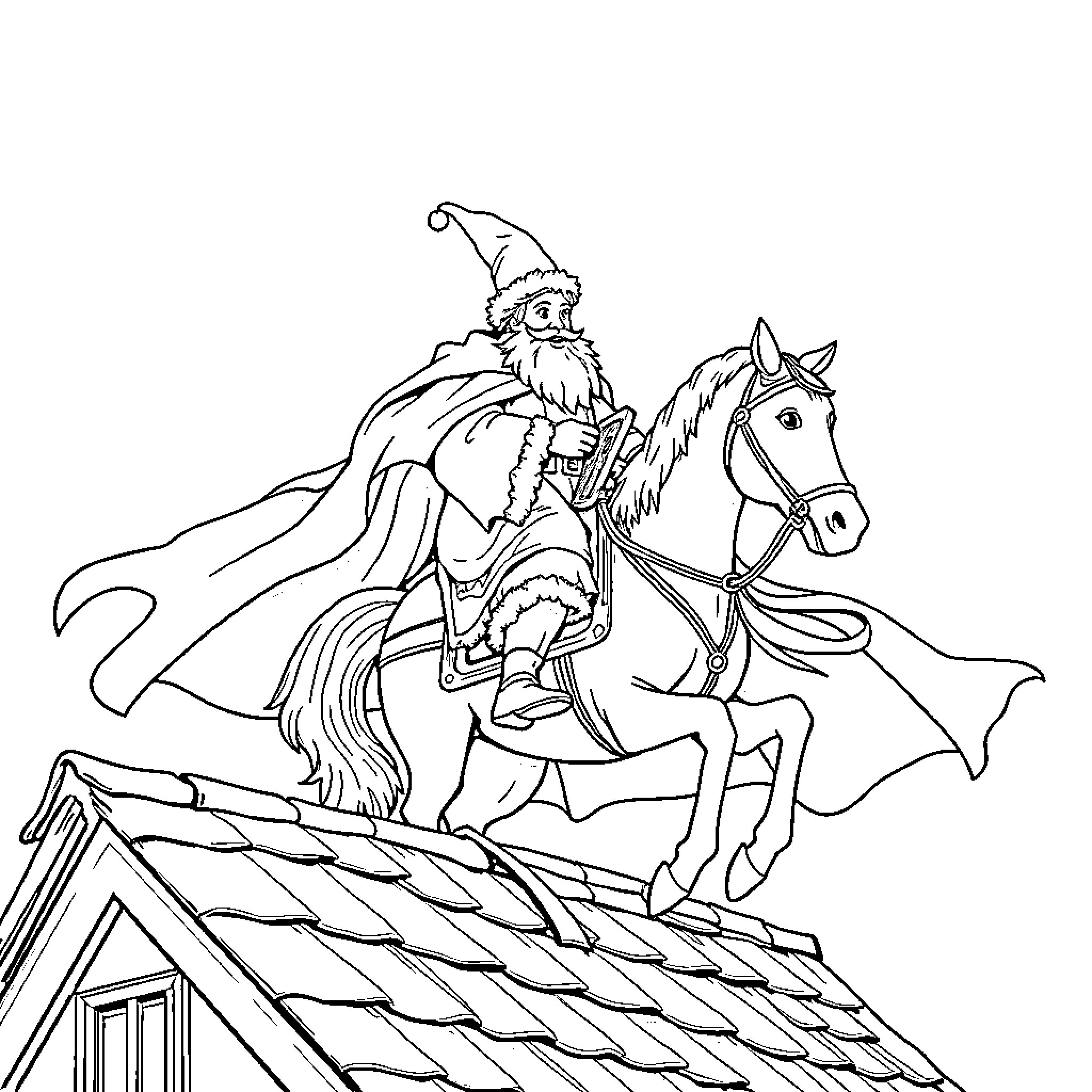 Sinterklaas riding his horse on the rooftops Coloring Page (free black-and-white line drawing printable PDF for all, from beginners to advanced learners, including children, teens, adults, and seniors)