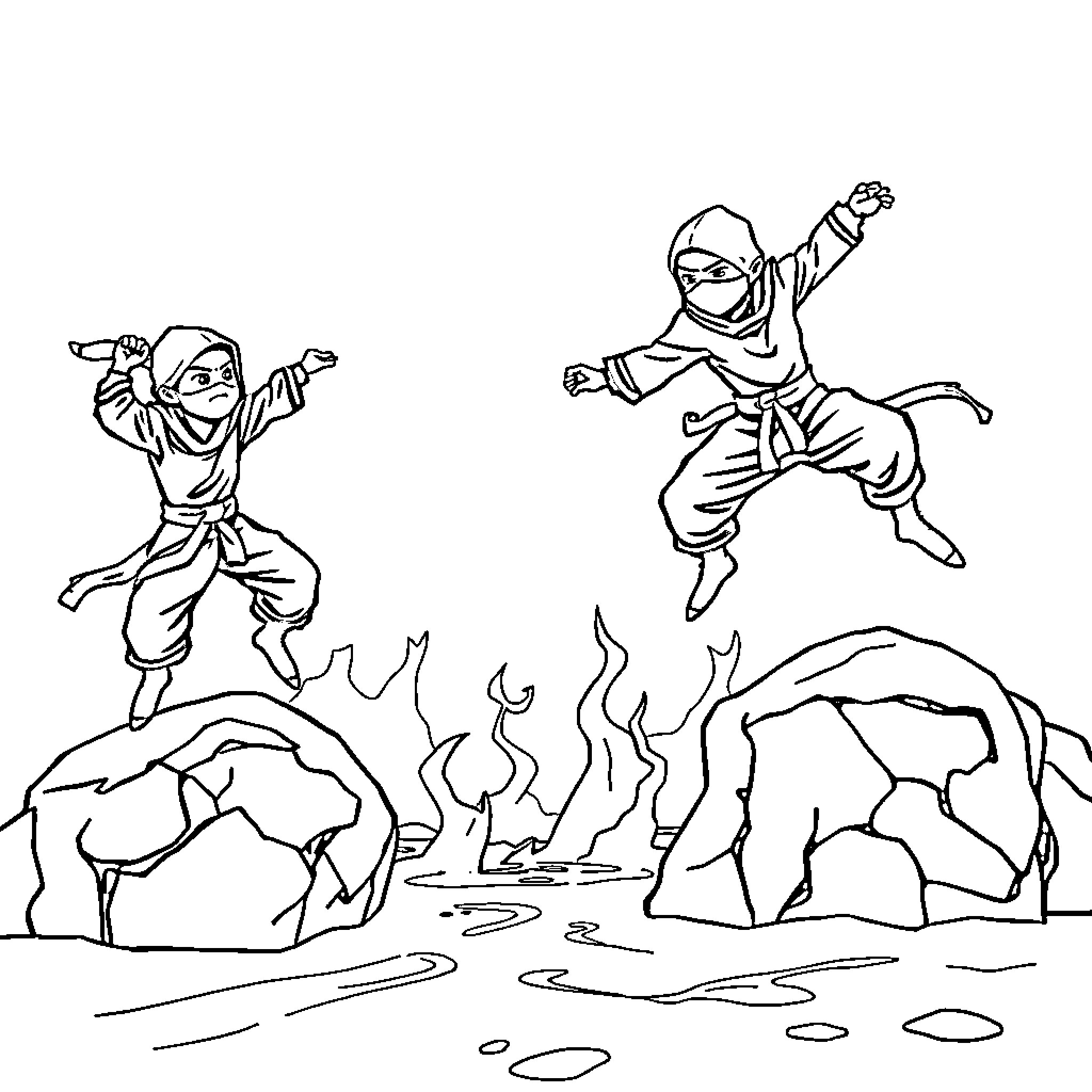 Ninja warriors in action amid rocky terrain Coloring Page (free black-and-white line drawing printable PDF for all, from beginners to advanced learners, including children, teens, adults, and seniors)
