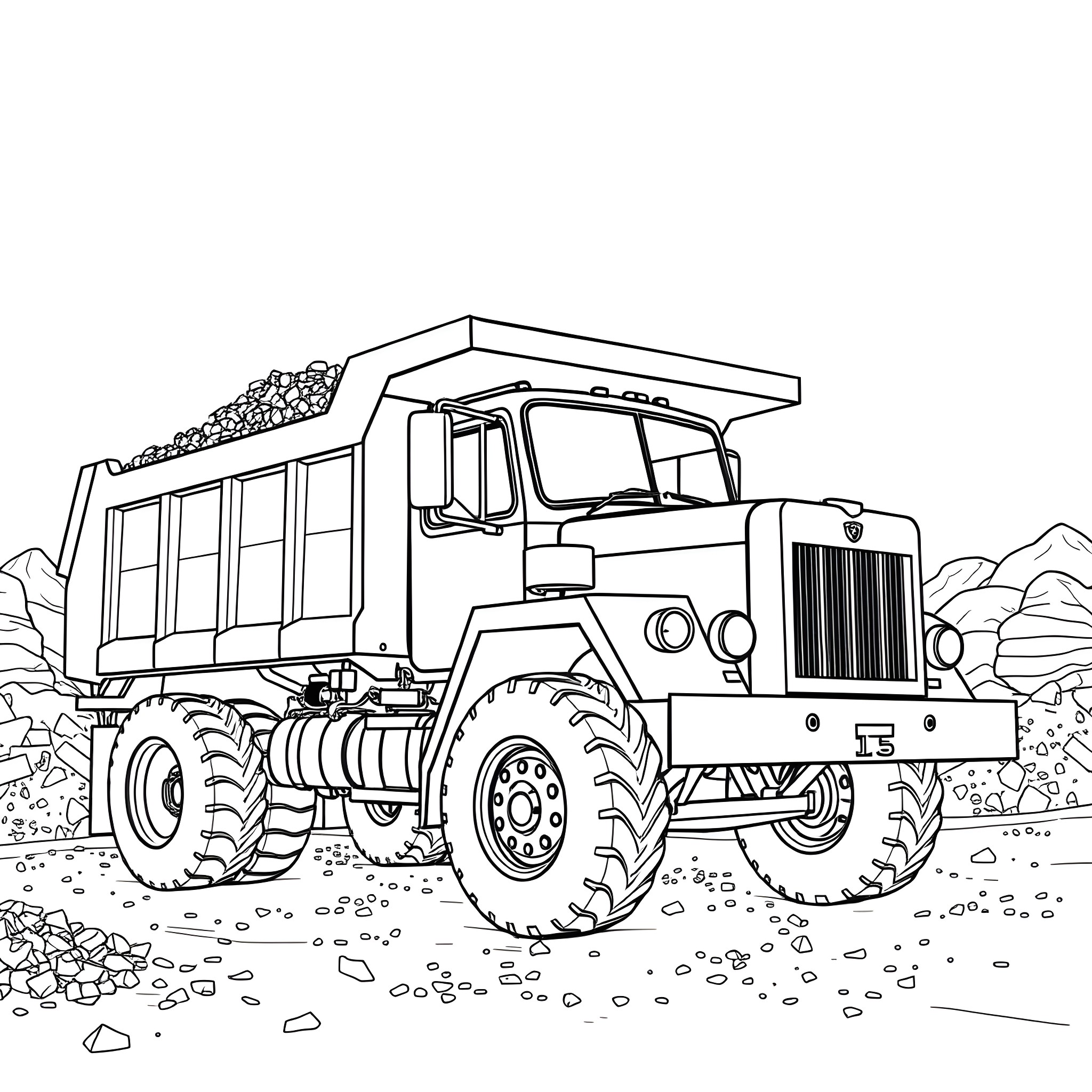 Dump Truck Transporting Heavy Load in Rugged Terrain Coloring Page (free black-and-white line drawing printable PDF for all, from beginners to advanced learners, including children, teens, adults, and seniors)