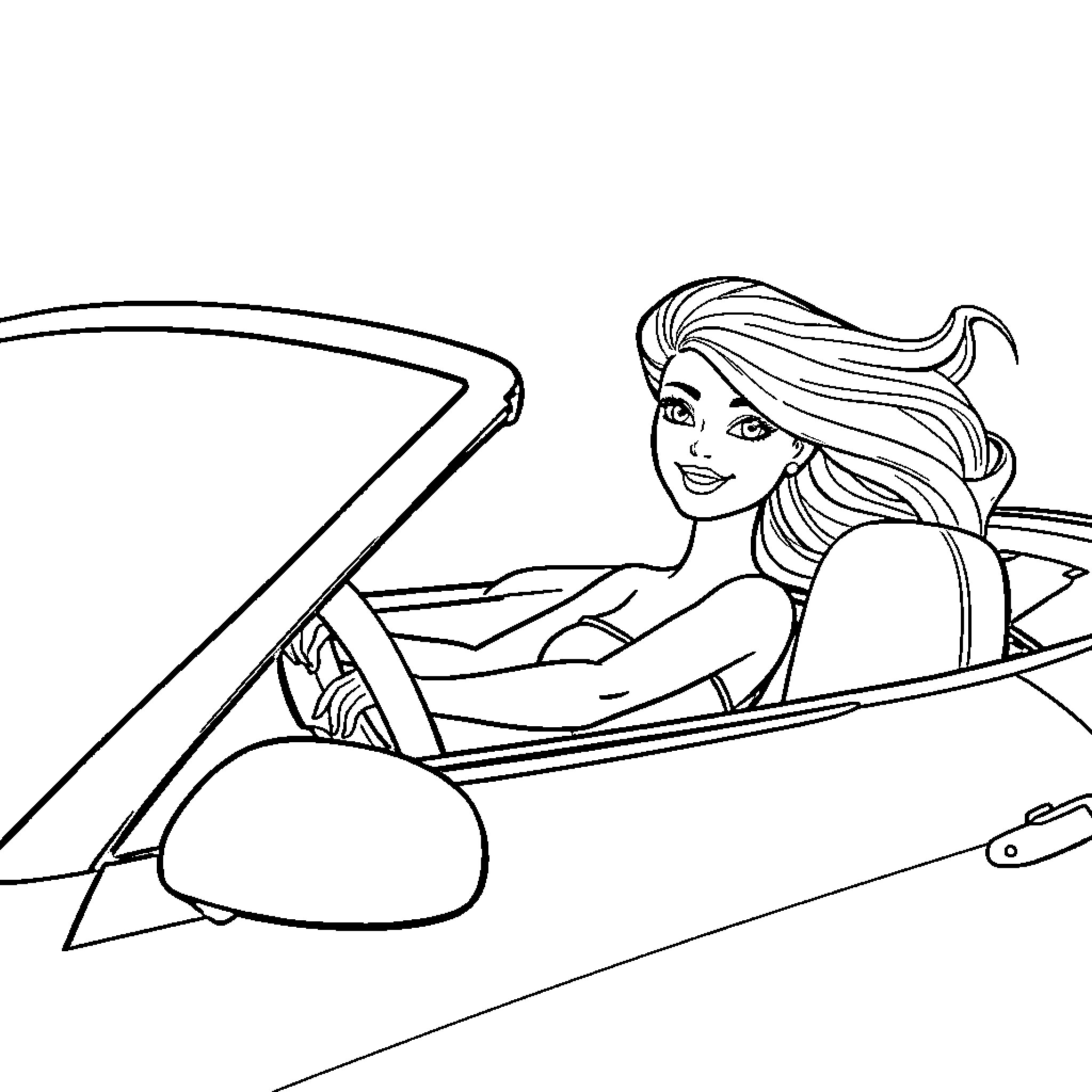 Barbie driving a convertible car Coloring Page (free black-and-white line drawing printable PDF for all, from beginners to advanced learners, including children, teens, adults, and seniors)