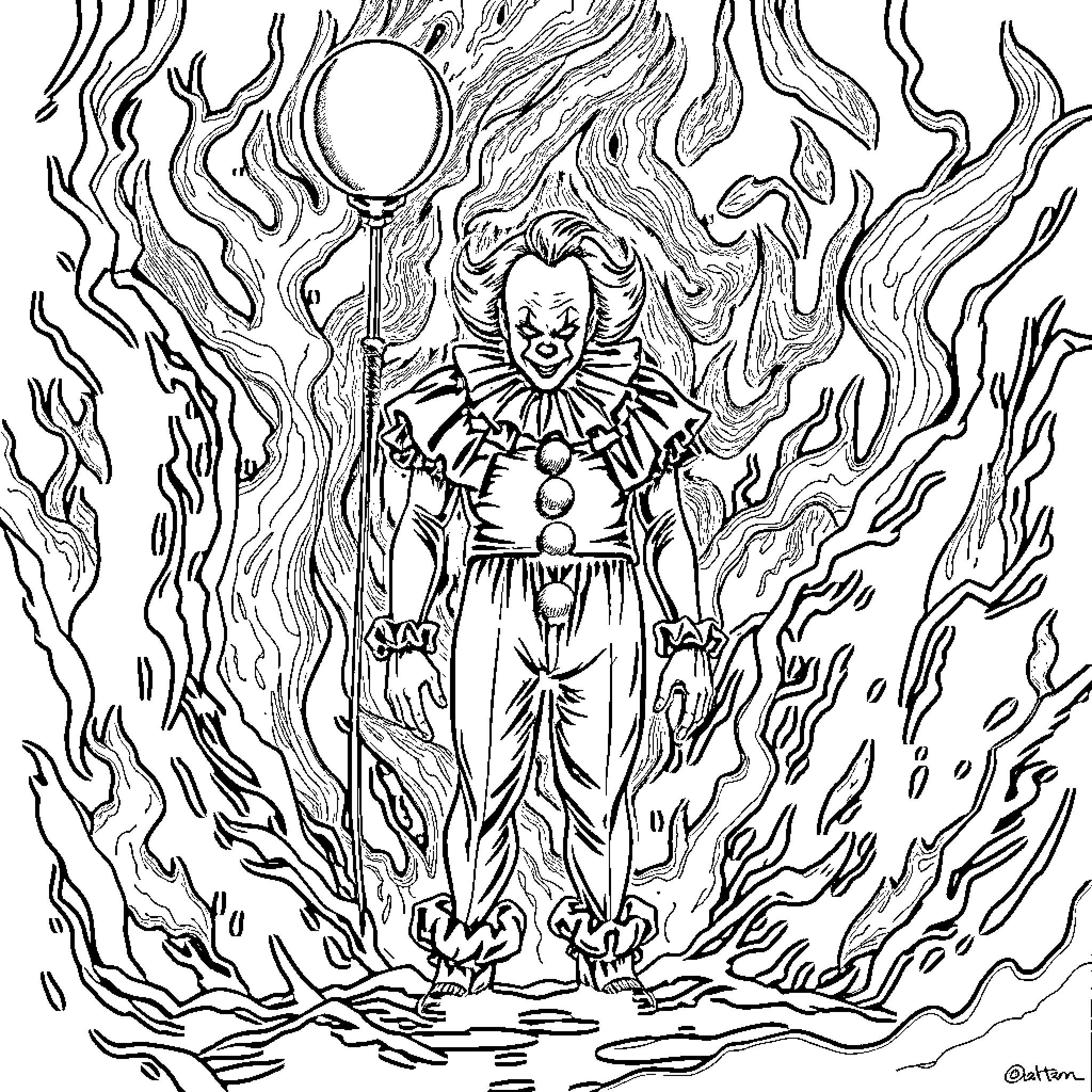 Pennywise's Sinister Summoning in the Shadows Coloring Page (free black-and-white line drawing printable PDF for all, from beginners to advanced learners, including children, teens, adults, and seniors)