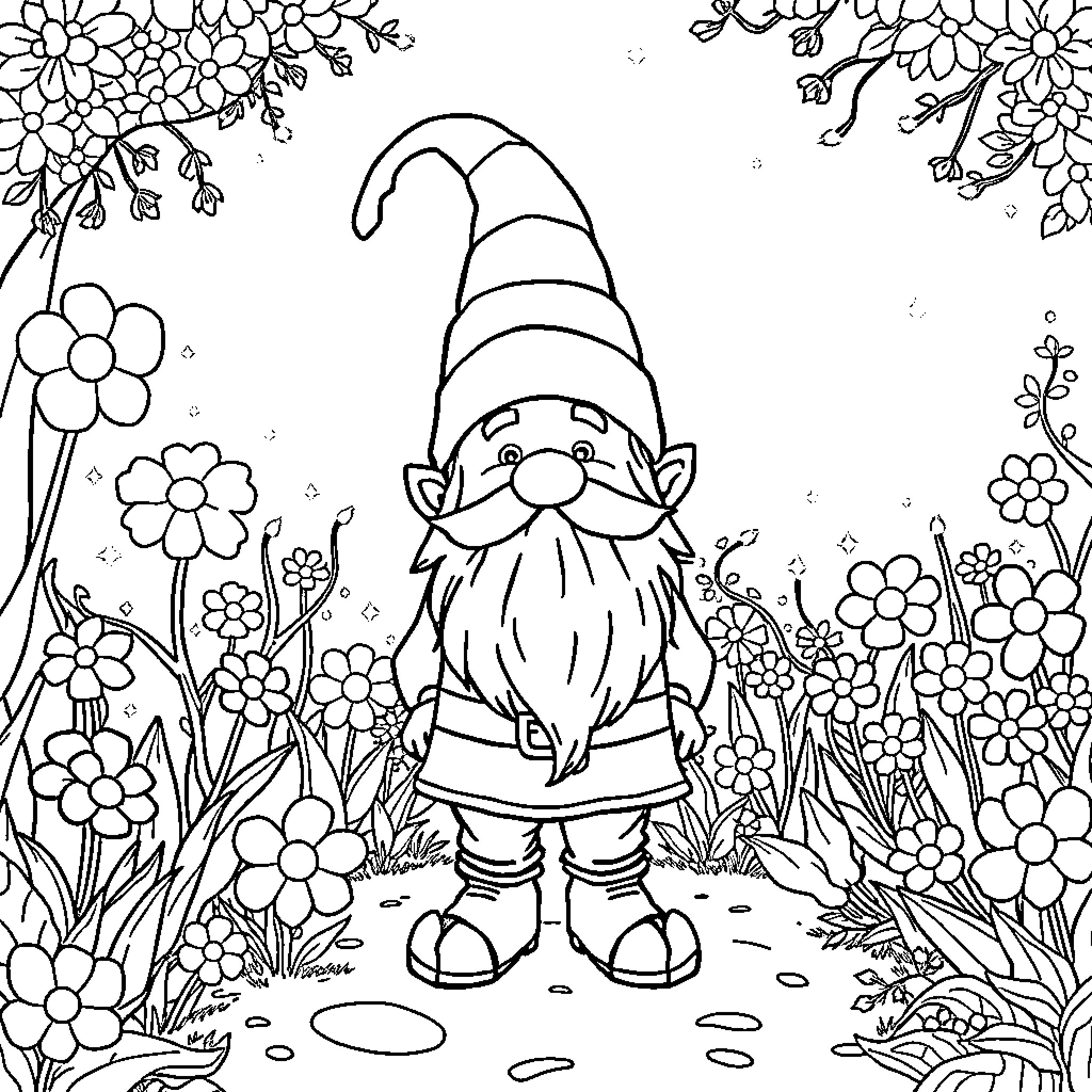 Gnome amidst a garden of flowers Coloring Page (free black-and-white line drawing printable PDF for all, from beginners to advanced learners, including children, teens, adults, and seniors)