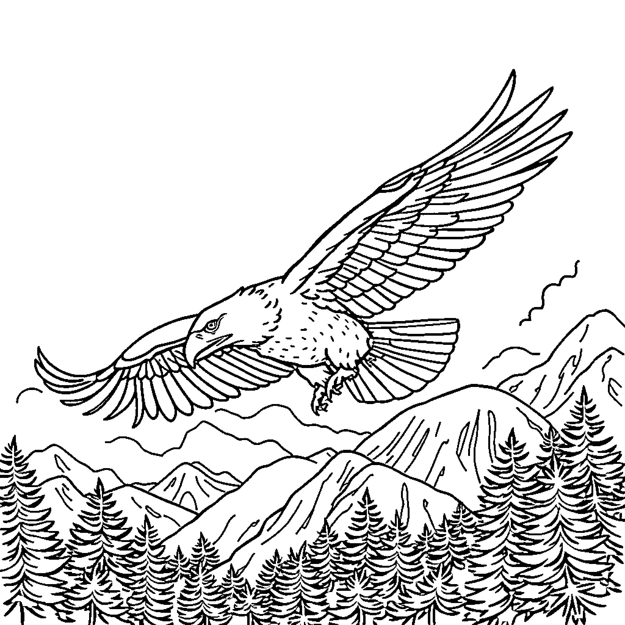 Eagle soaring majestically over the mountain landscape Coloring Page (free black-and-white line drawing printable PDF for all, from beginners to advanced learners, including children, teens, adults, and seniors)