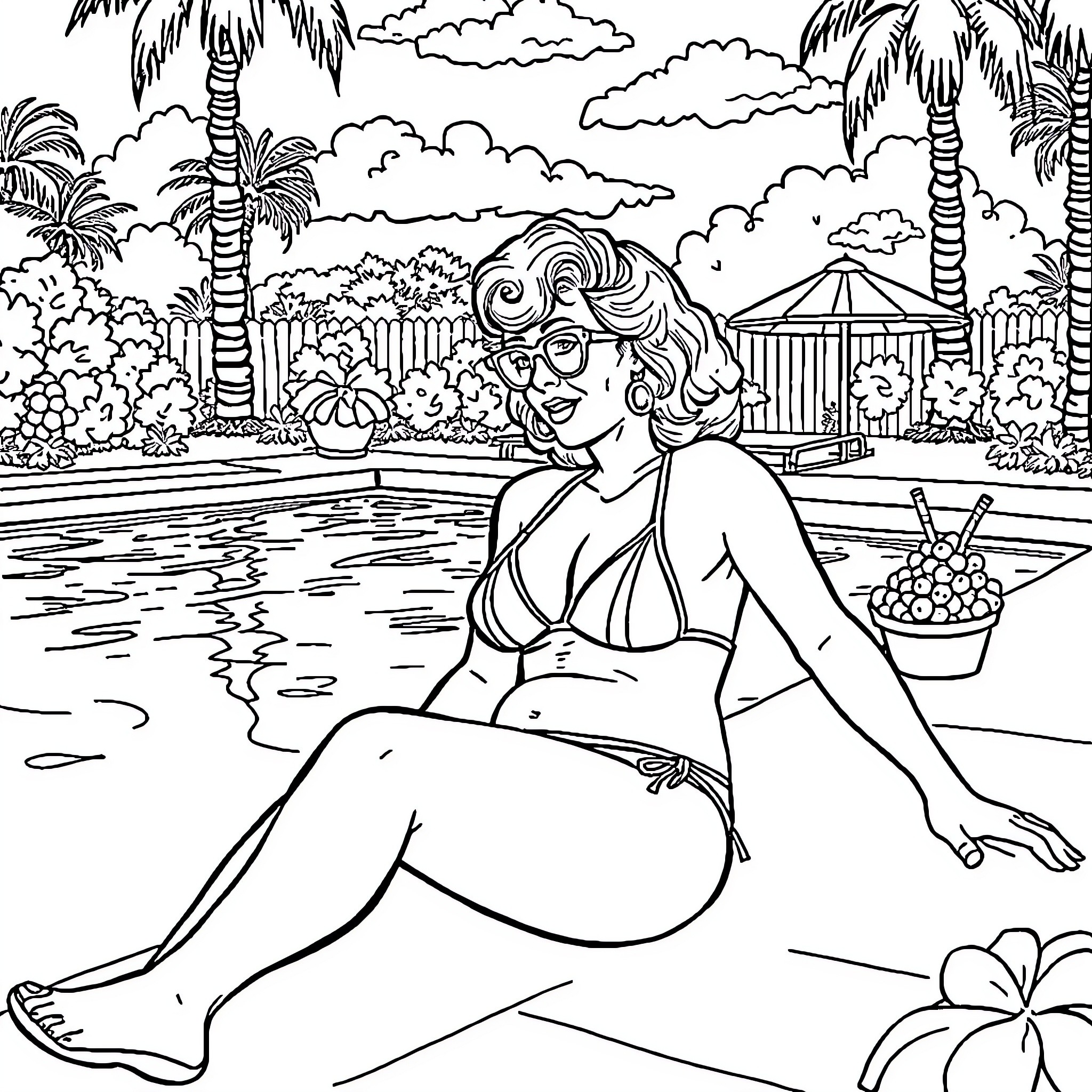 Mom relaxing by the pool on a tropical vacation Coloring Page (free black-and-white line drawing printable PDF for all, from beginners to advanced learners, including children, teens, adults, and seniors)