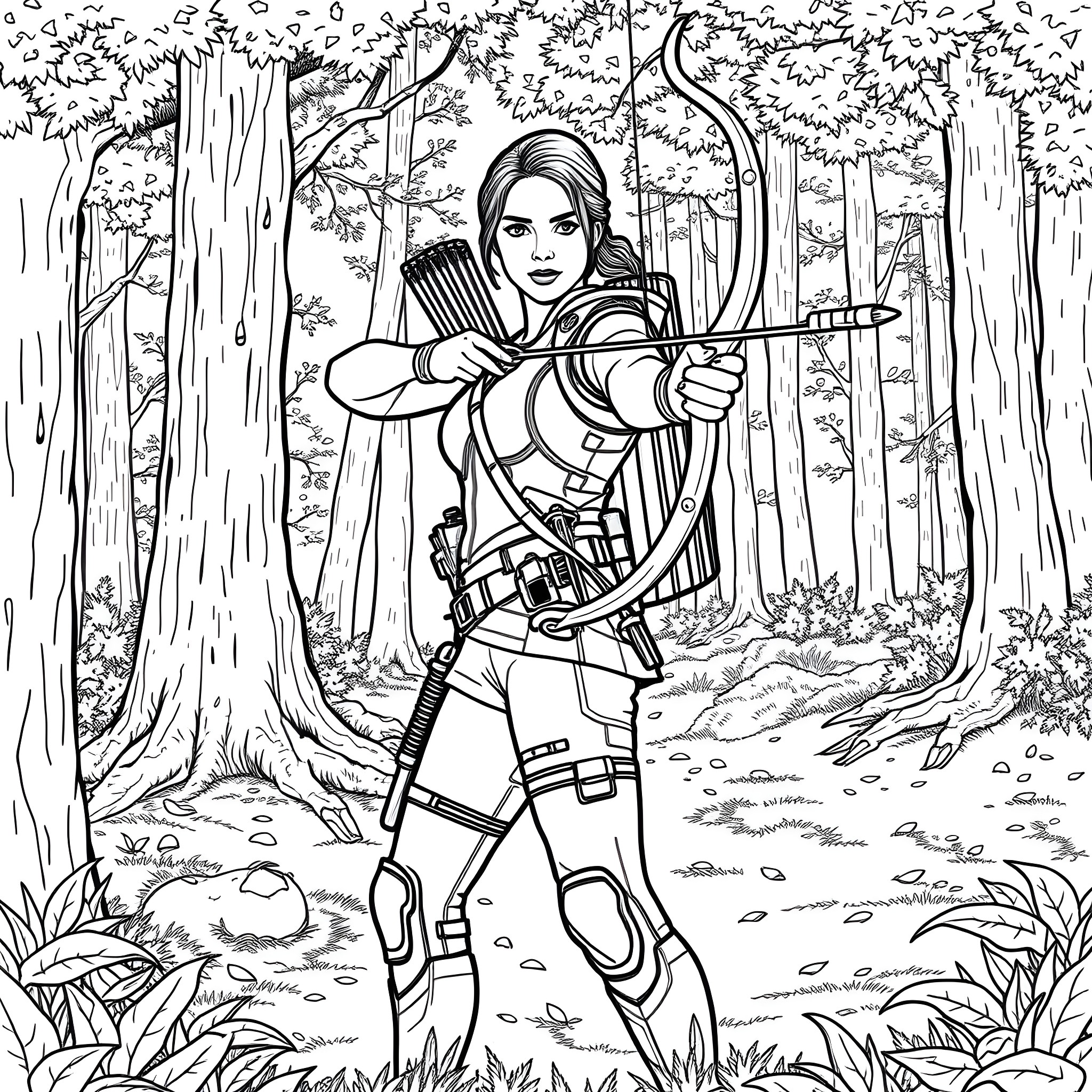 Katniss Everdeen Aiming Her Bow in the Forest Coloring Page (free black-and-white line drawing printable PDF for all, from beginners to advanced learners, including children, teens, adults, and seniors)