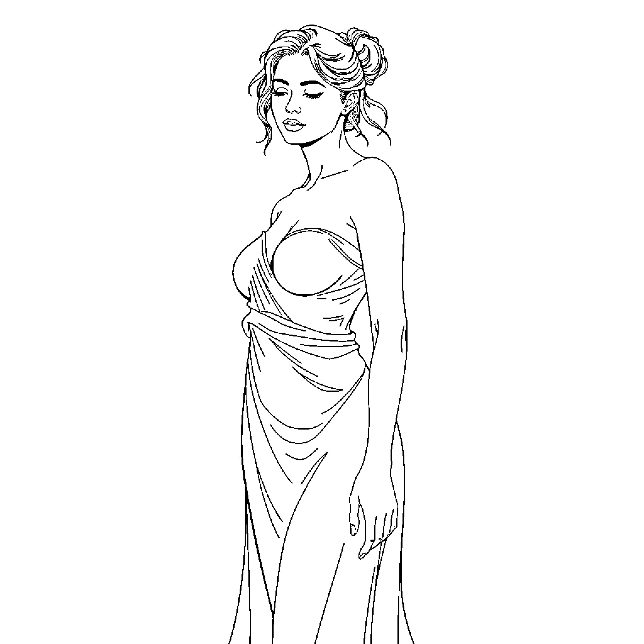 Woman in Elegant Dress with Flowing Hairstyle Coloring Page (free black-and-white line drawing printable PDF for all, from beginners to advanced learners, including children, teens, adults, and seniors)
