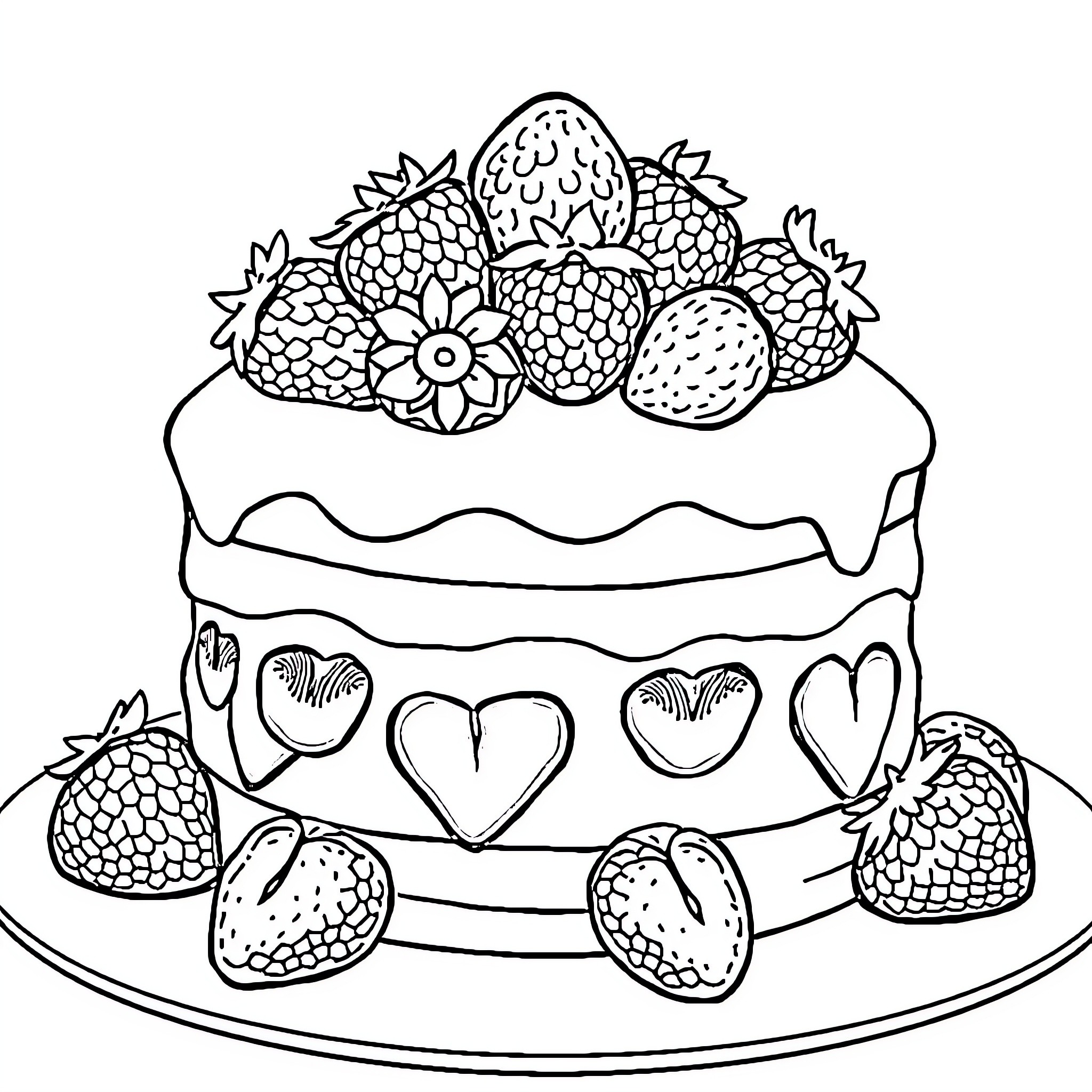 Strawberry Cake with Decorated Hearts and Flowers Coloring Page (free black-and-white line drawing printable PDF for all, from beginners to advanced learners, including children, teens, adults, and seniors)
