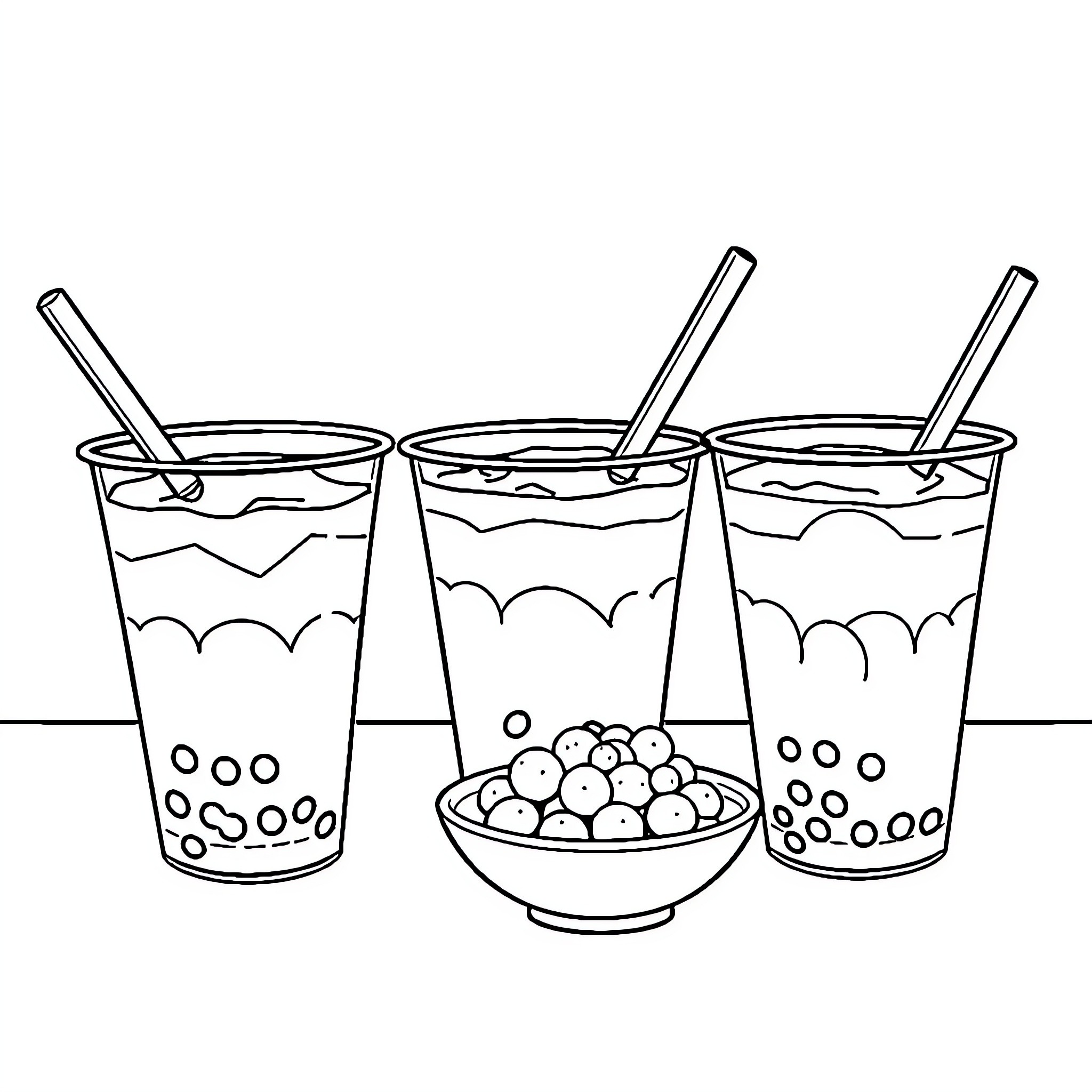 Boba Tea drinks and bowls of boba pearls Coloring Page (free black-and-white line drawing printable PDF for all, from beginners to advanced learners, including children, teens, adults, and seniors)