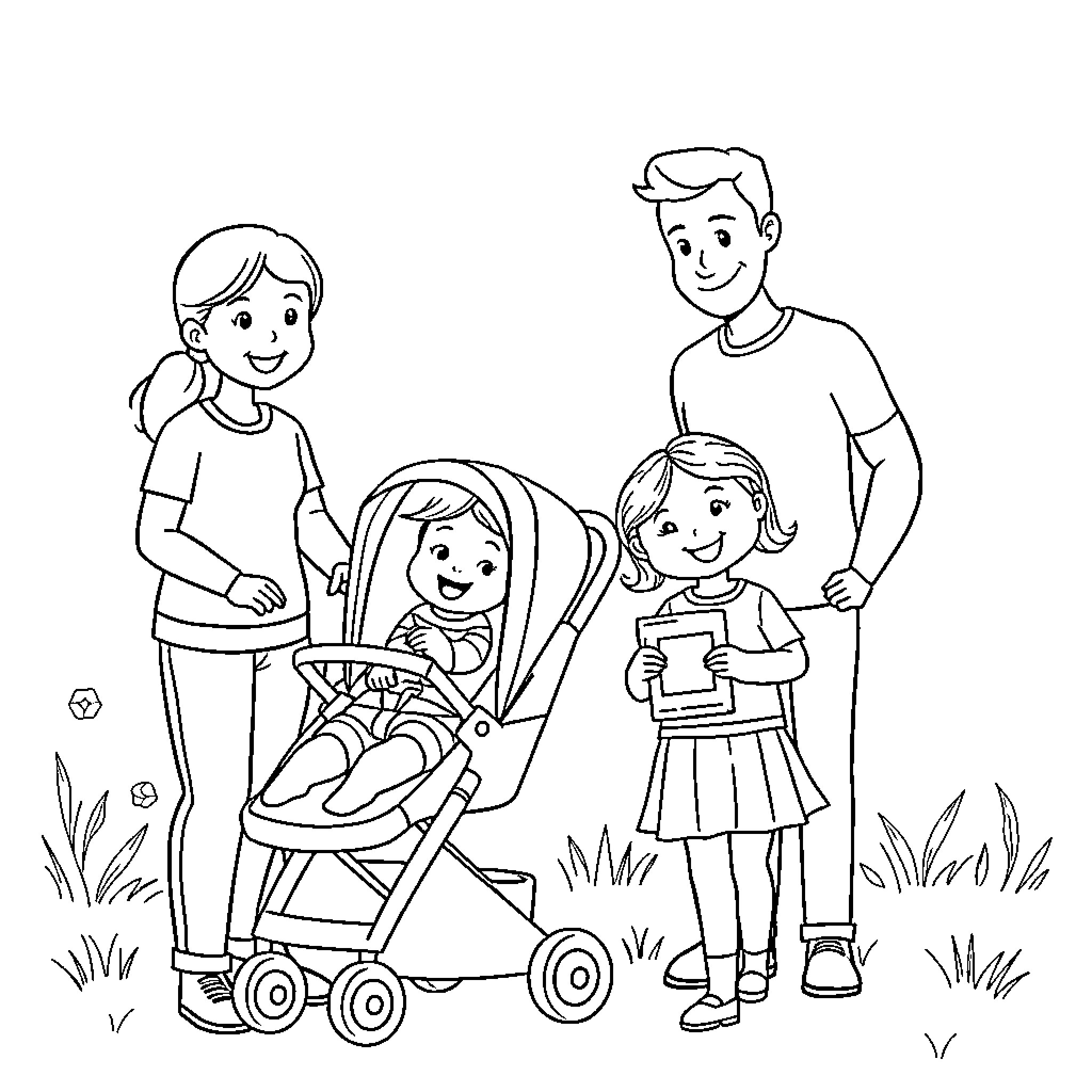 Family enjoying outdoor activities together Coloring Page (free black-and-white line drawing printable PDF for all, from beginners to advanced learners, including children, teens, adults, and seniors)