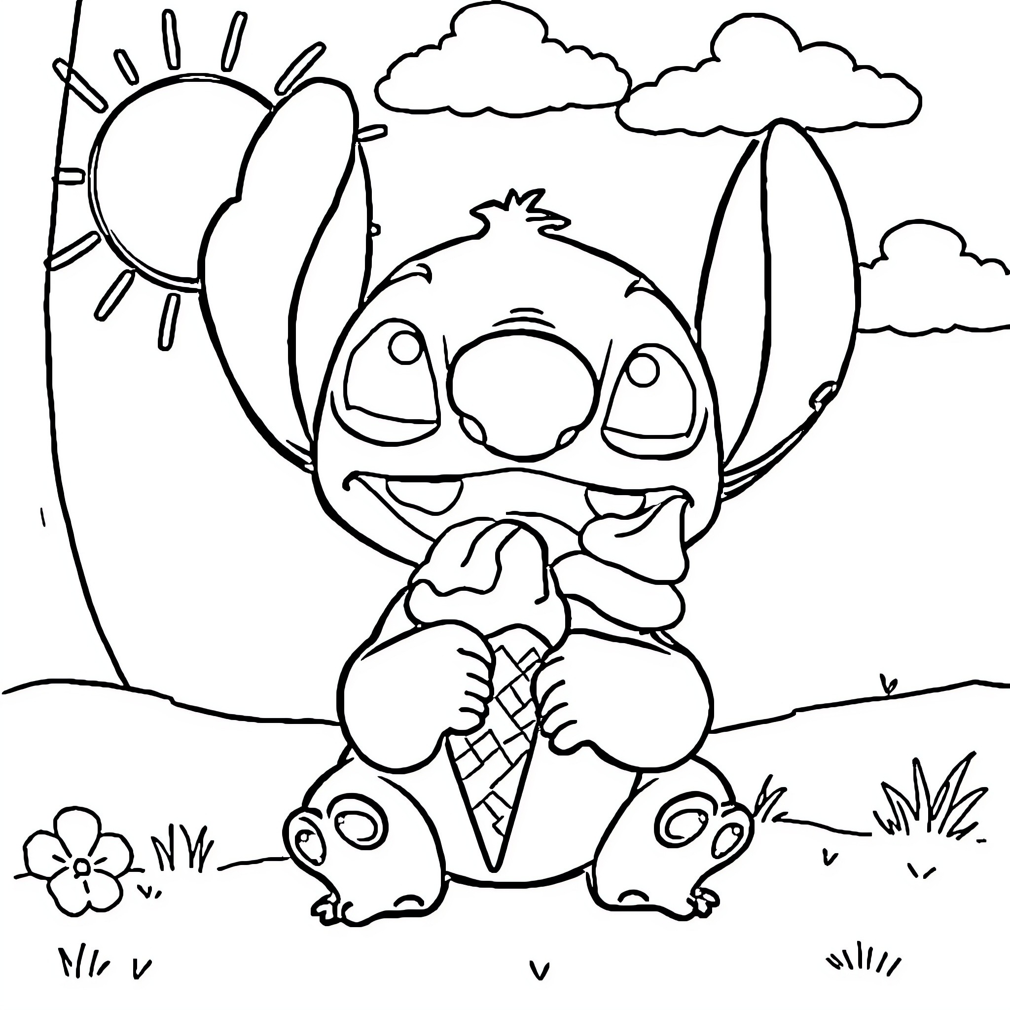 Stitch enjoying an ice cream cone in the park Coloring Page (free black-and-white line drawing printable PDF for all, from beginners to advanced learners, including children, teens, adults, and seniors)