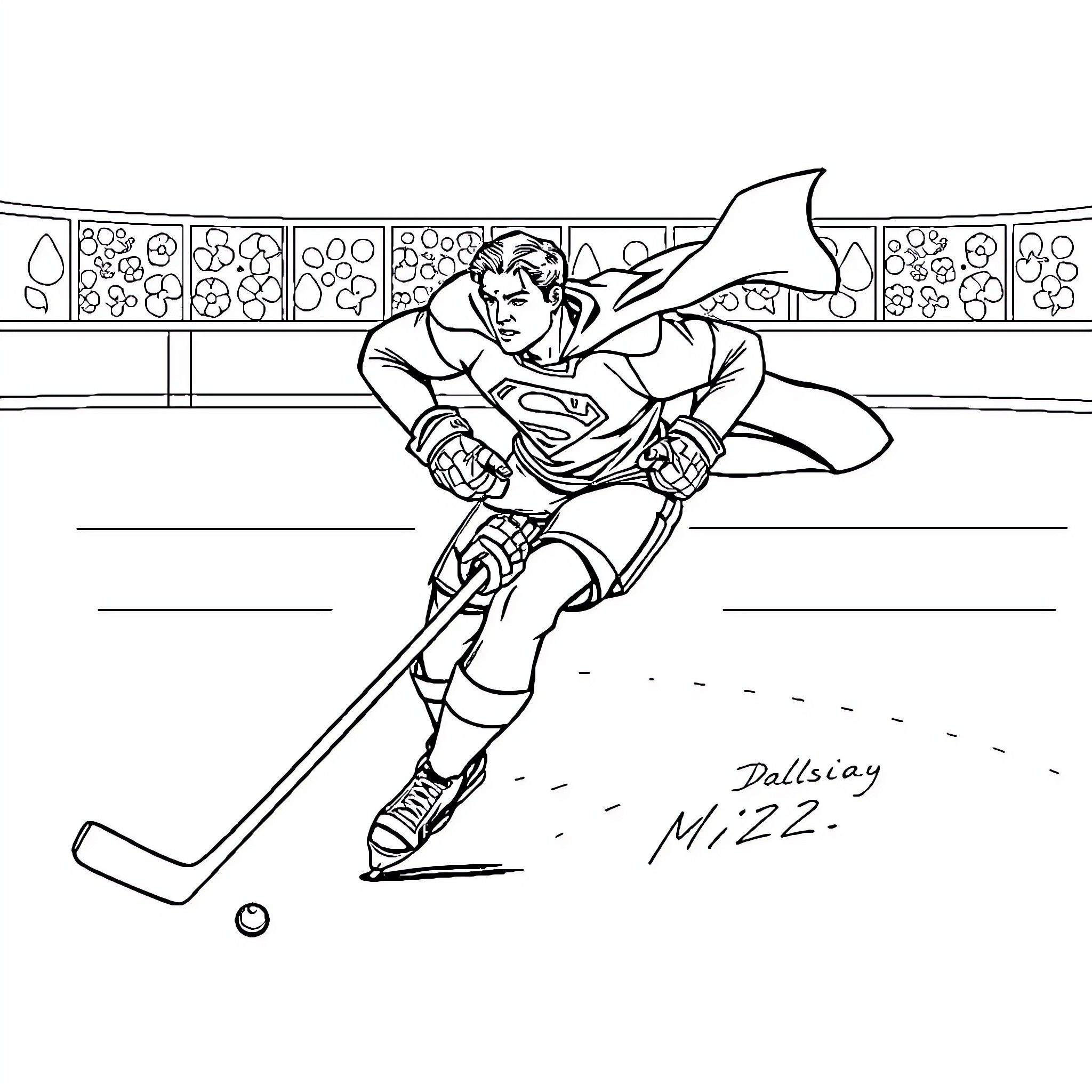 Superman Playing Hockey on the Ice Rink Coloring Page (free black-and-white line drawing printable PDF for all, from beginners to advanced learners, including children, teens, adults, and seniors)