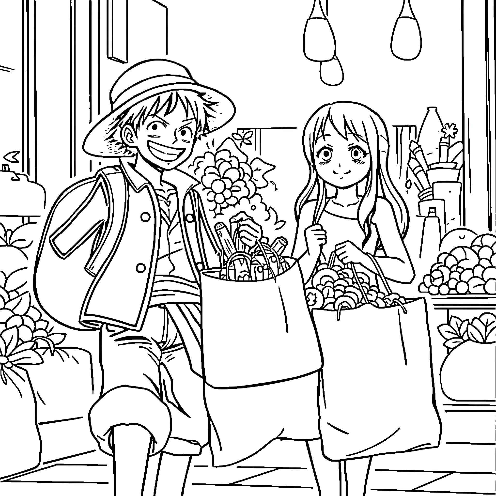 Luffy and Nami Explore the Bustling Marketplace Coloring Page (free black-and-white line drawing printable PDF for all, from beginners to advanced learners, including children, teens, adults, and seniors)