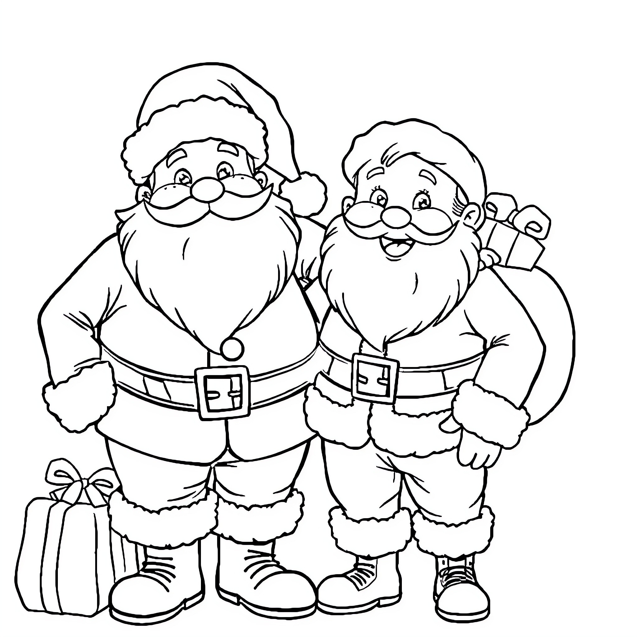 Santa Claus and Helper Carrying Gifts Coloring Page (free black-and-white line drawing printable PDF for all, from beginners to advanced learners, including children, teens, adults, and seniors)