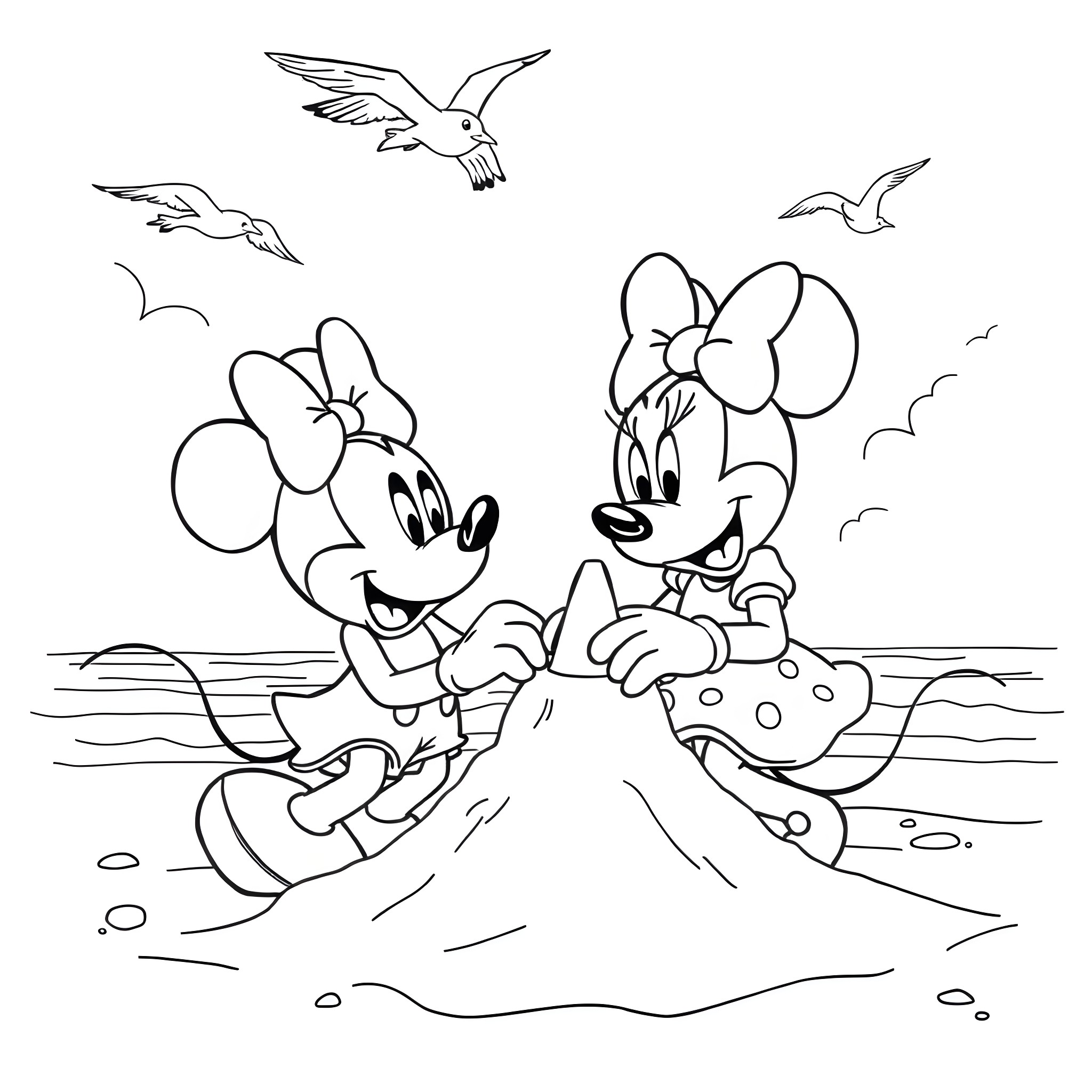Mickey Mouse and Minnie Mouse playing together on the beach Coloring Page (free black-and-white line drawing printable PDF for all, from beginners to advanced learners, including children, teens, adults, and seniors)