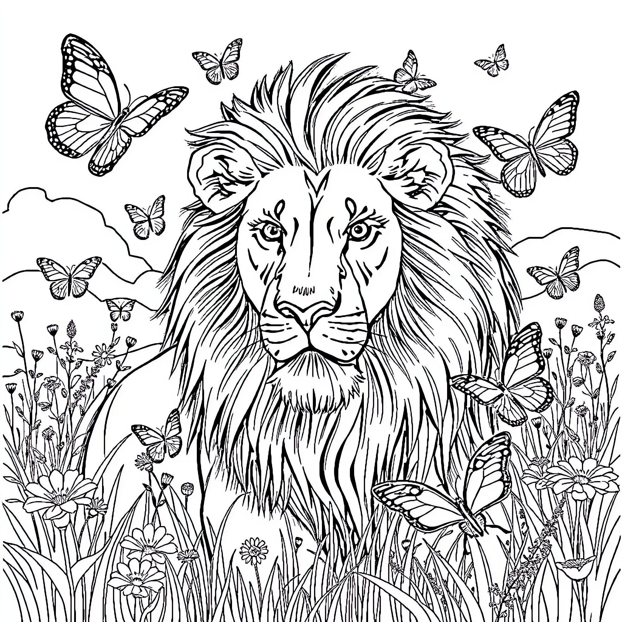 Butterfly Lion Surrounded by Flowers and Butterflies Coloring Page (free black-and-white line drawing printable PDF for all, from beginners to advanced learners, including children, teens, adults, and seniors)