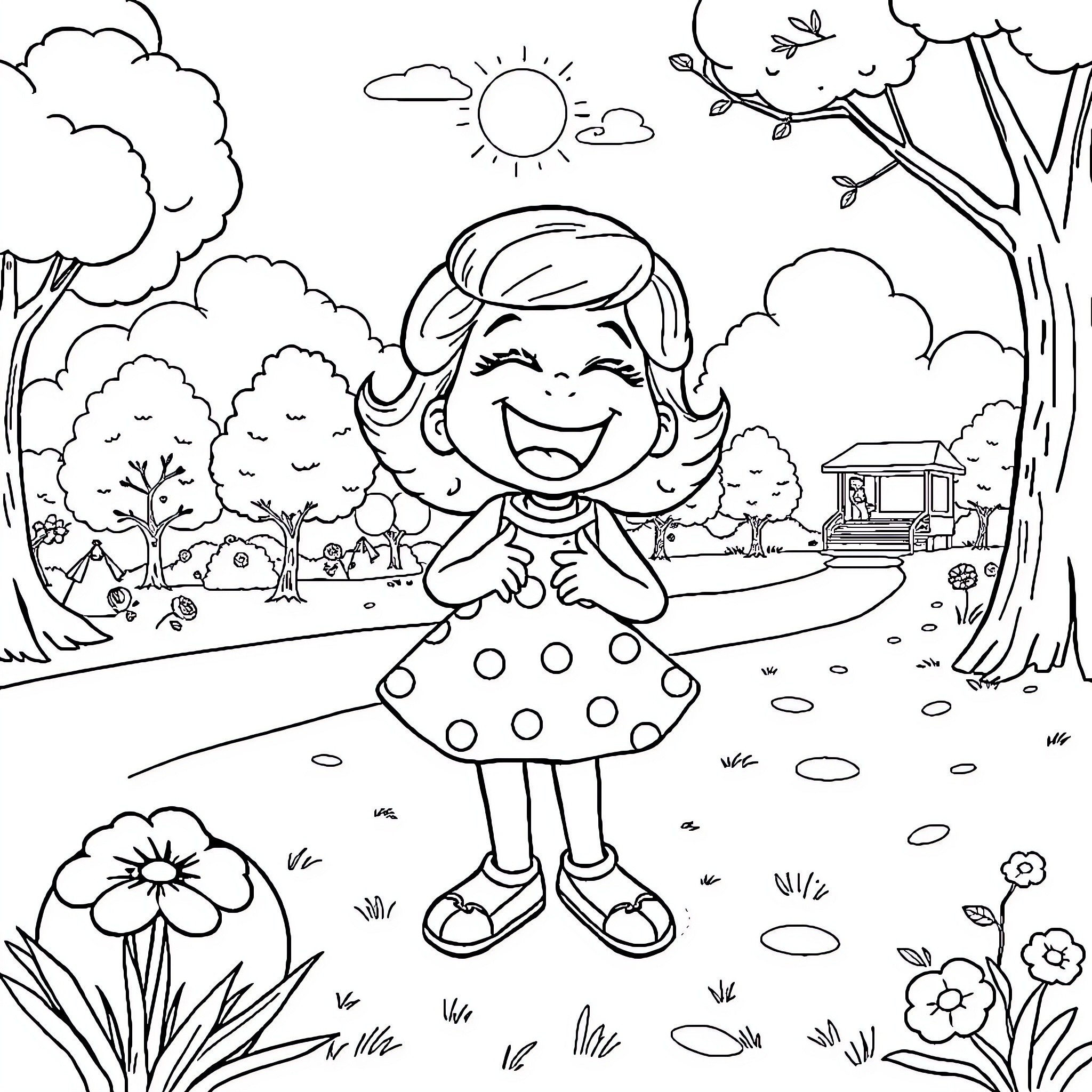 Dolly's Cheerful Outdoor Adventure Coloring Page (free black-and-white line drawing printable PDF for all, from beginners to advanced learners, including children, teens, adults, and seniors)