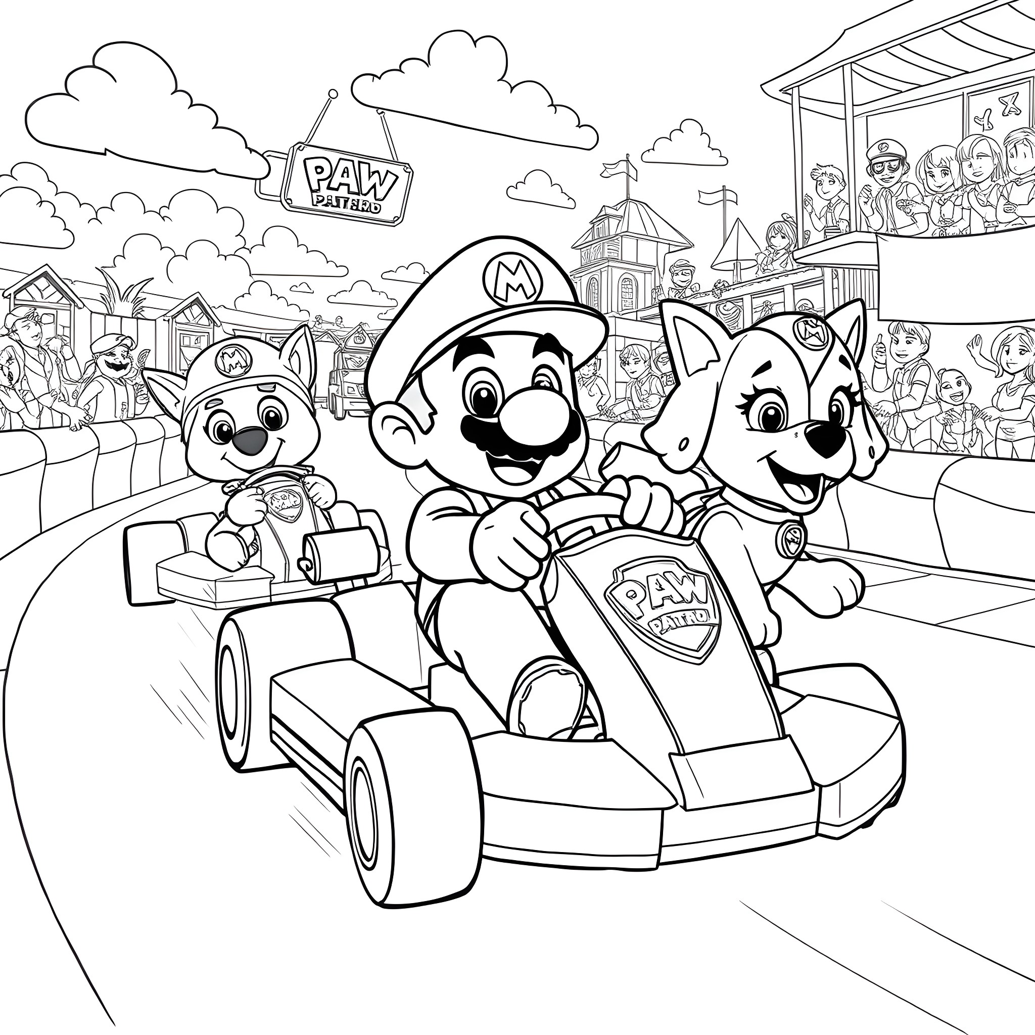 Mario and Friends Enjoying the Carnival Parade Coloring Page (free black-and-white line drawing printable PDF for all, from beginners to advanced learners, including children, teens, adults, and seniors)