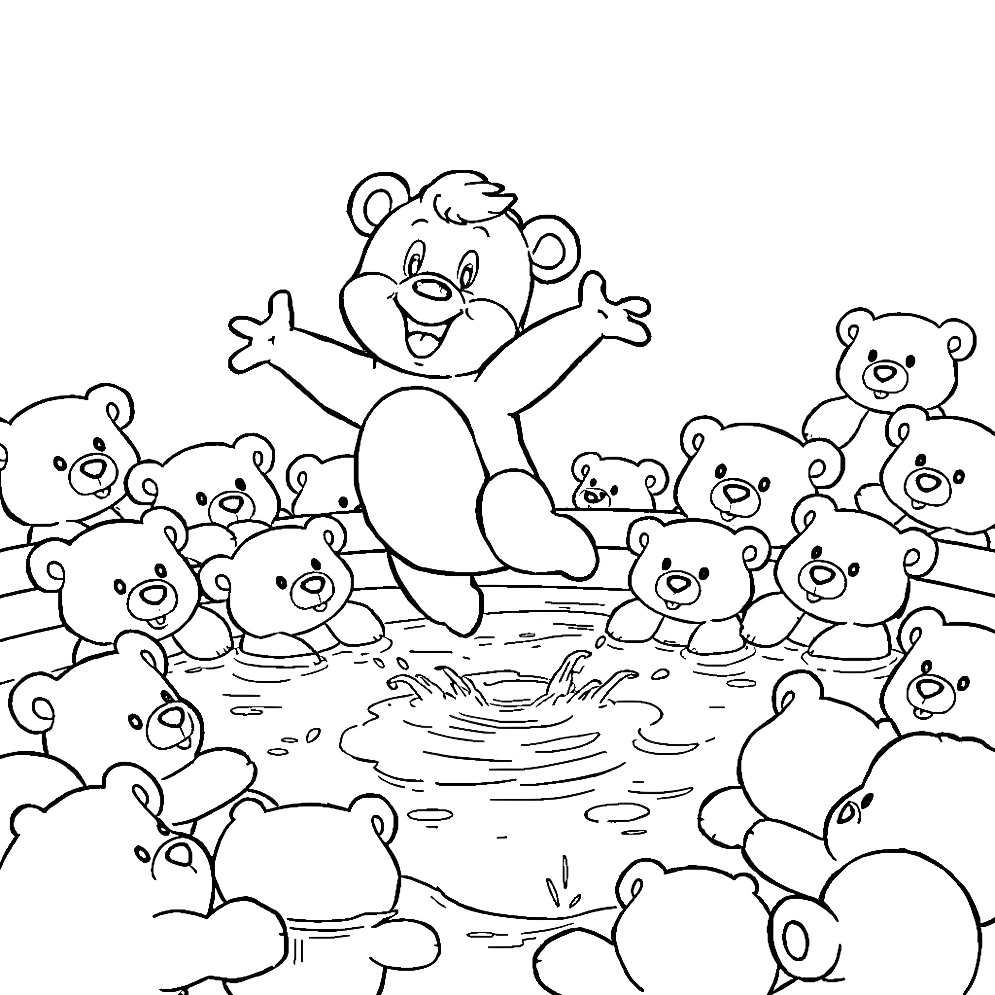 Plin Plin Playful Bears in the Pond Coloring Page (free black-and-white line drawing printable PDF for all, from beginners to advanced learners, including children, teens, adults, and seniors)
