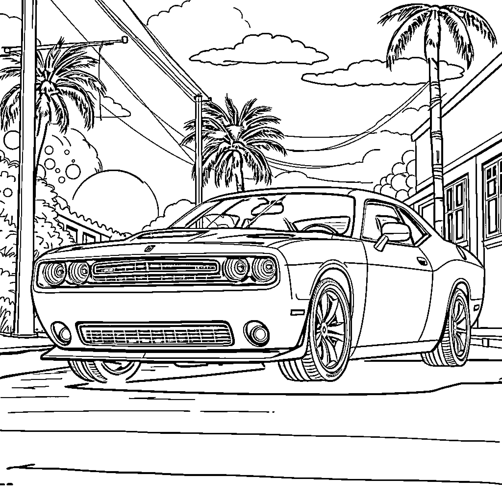 Dodge Neon sports car in tropical landscape Coloring Page (free black-and-white line drawing printable PDF for all, from beginners to advanced learners, including children, teens, adults, and seniors)