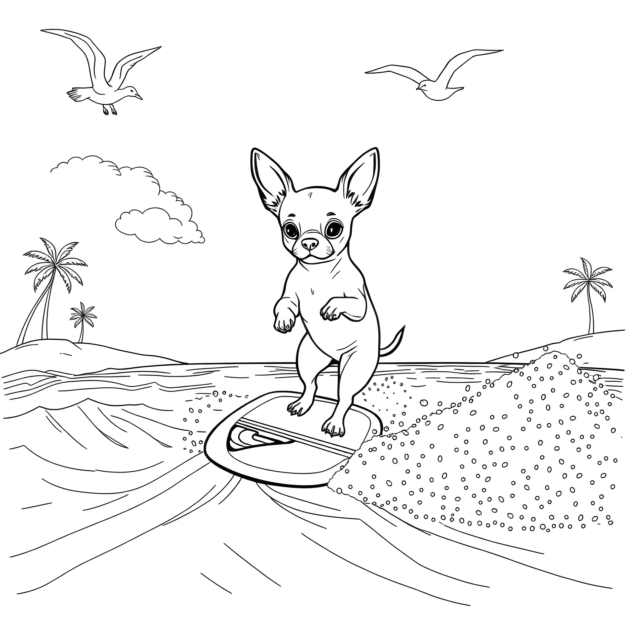 Chihuahua surfing on the beach Coloring Page (free black-and-white line drawing printable PDF for all, from beginners to advanced learners, including children, teens, adults, and seniors)
