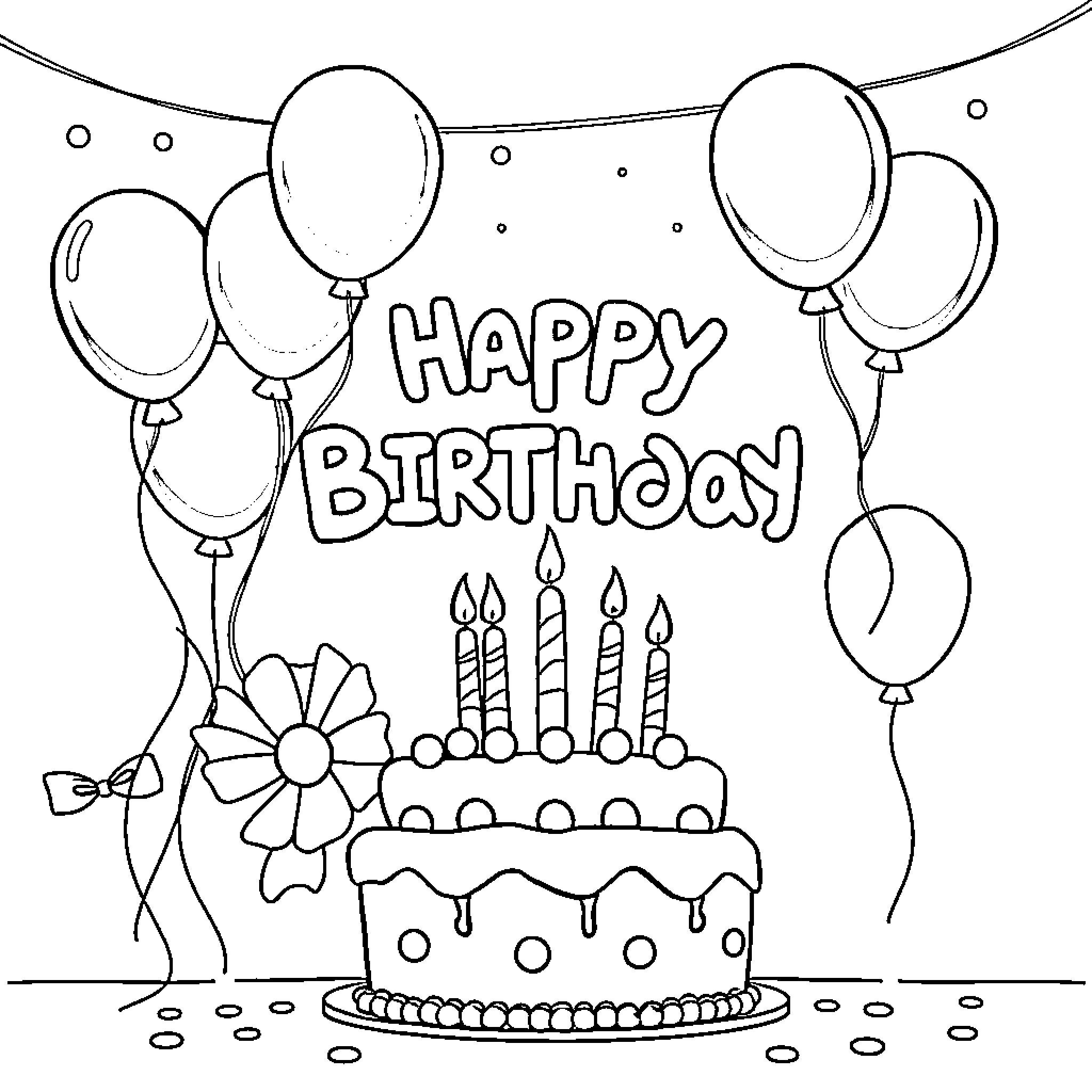 Birthday celebration with cake and balloons Coloring Page (free black-and-white line drawing printable PDF for all, from beginners to advanced learners, including children, teens, adults, and seniors)