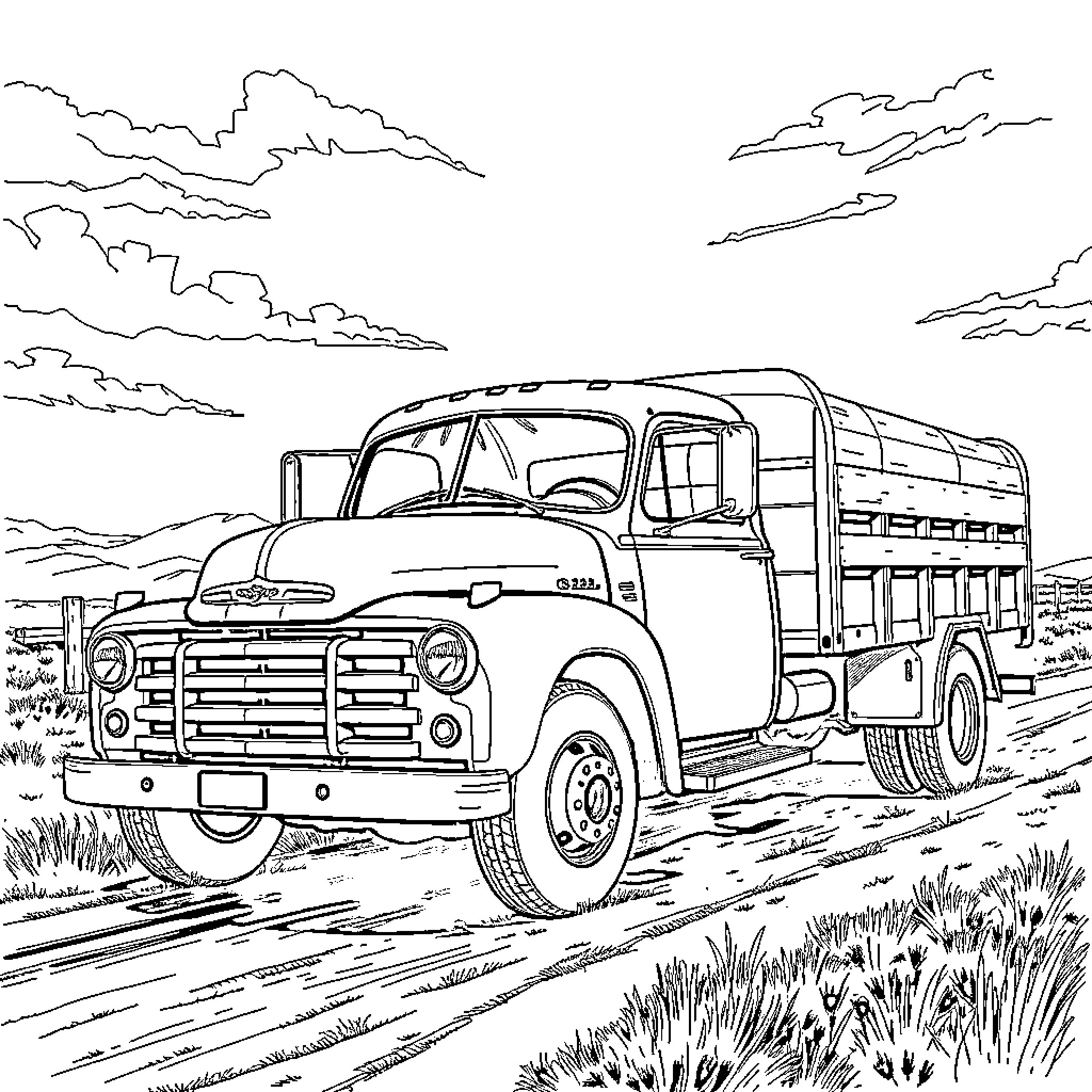 Squarebody truck in rural landscape Coloring Page (free black-and-white line drawing printable PDF for all, from beginners to advanced learners, including children, teens, adults, and seniors)