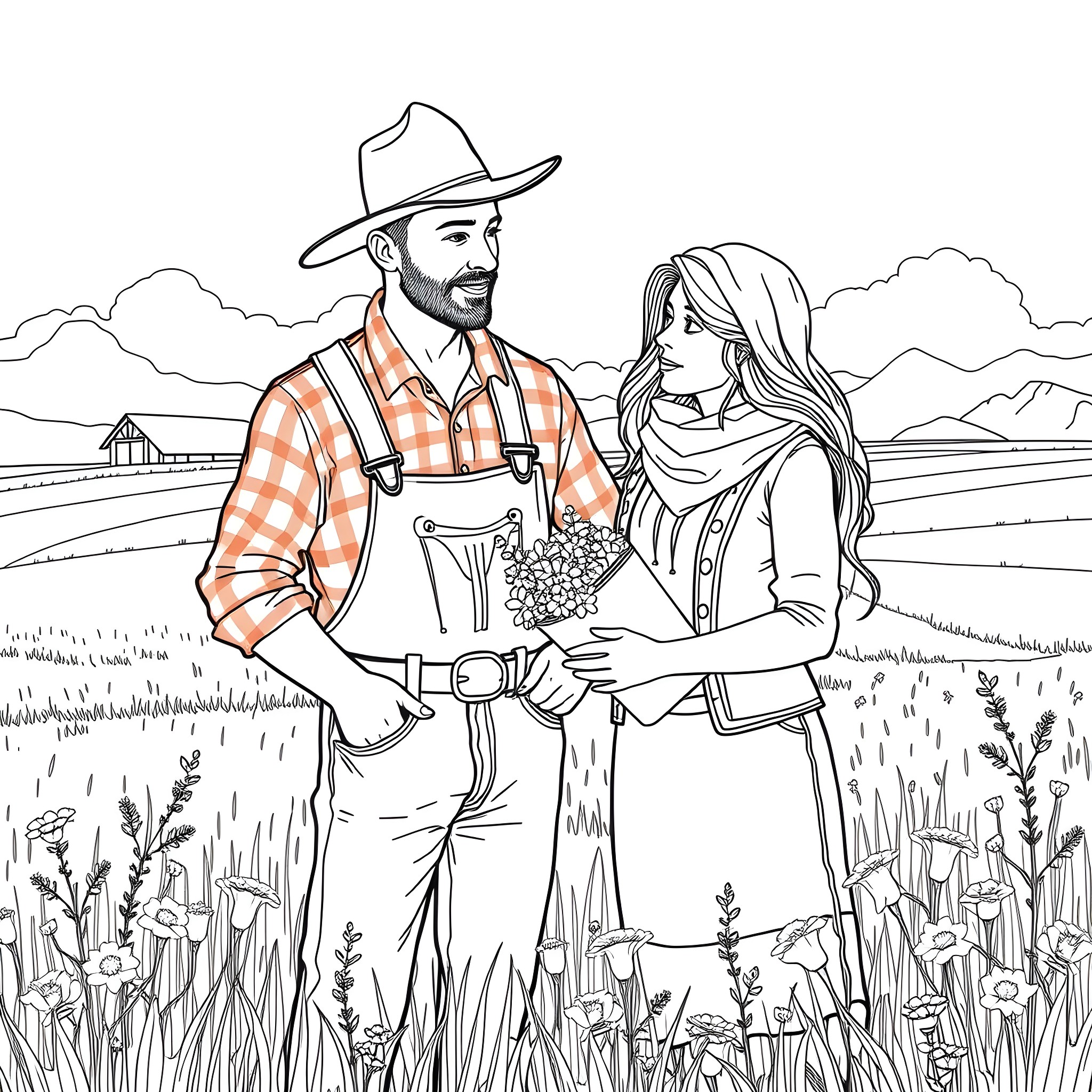 Farmer and partner enjoying the countryside Coloring Page (free black-and-white line drawing printable PDF for all, from beginners to advanced learners, including children, teens, adults, and seniors)