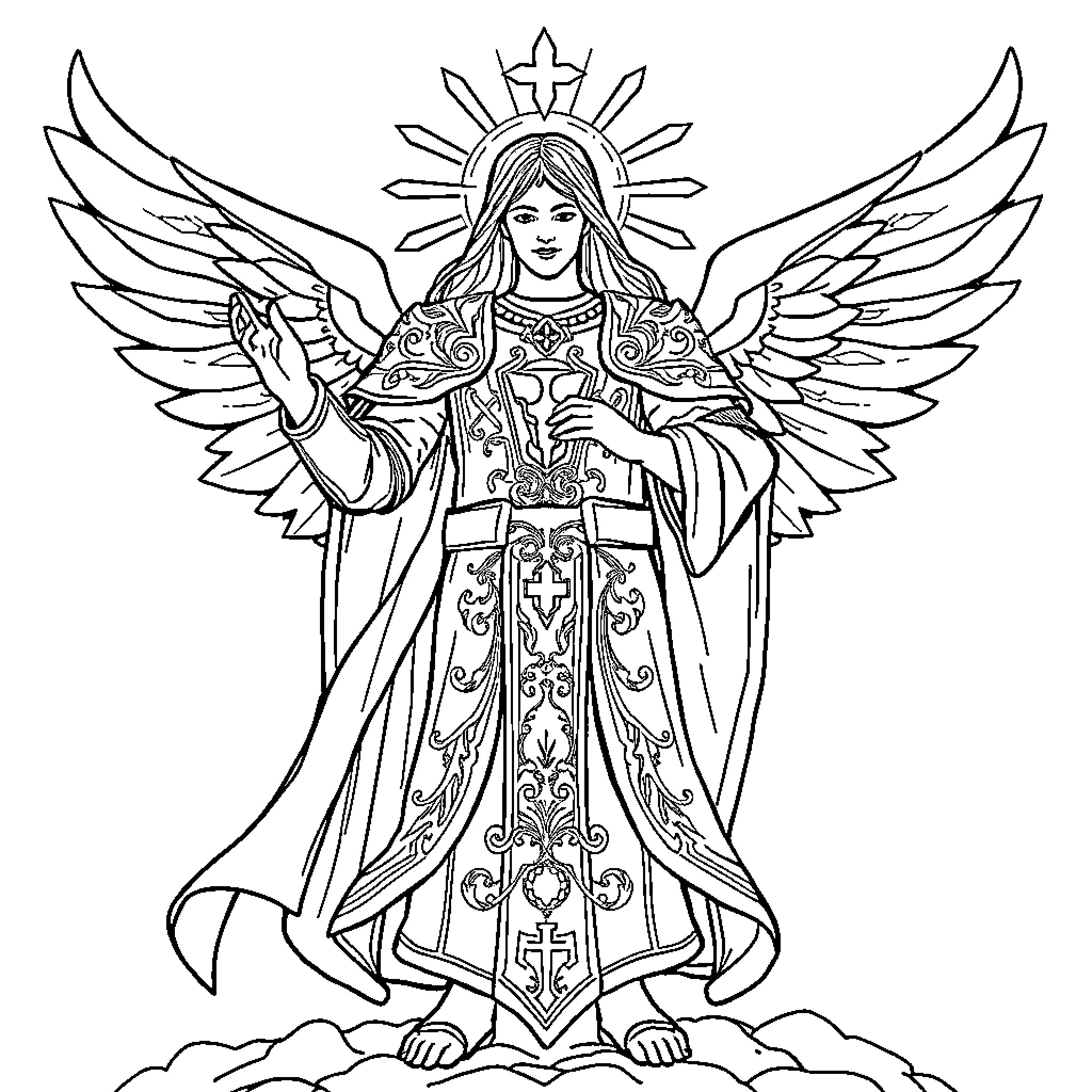 Armor-clad angelic figure with wings and ornate robes Coloring Page (free black-and-white line drawing printable PDF for all, from beginners to advanced learners, including children, teens, adults, and seniors)
