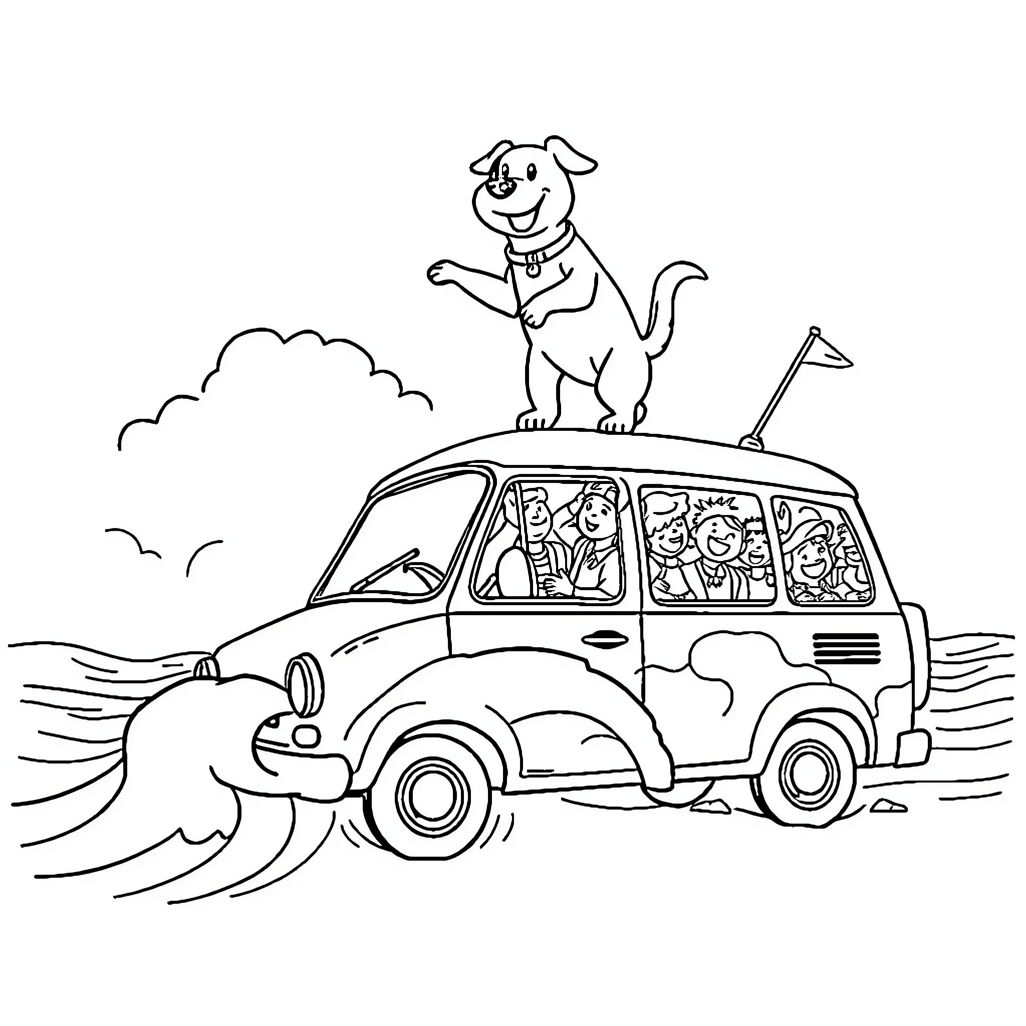 Dog Enjoys Ride with Friends in Decorated Van Coloring Page (free black-and-white line drawing printable PDF for all, from beginners to advanced learners, including children, teens, adults, and seniors)