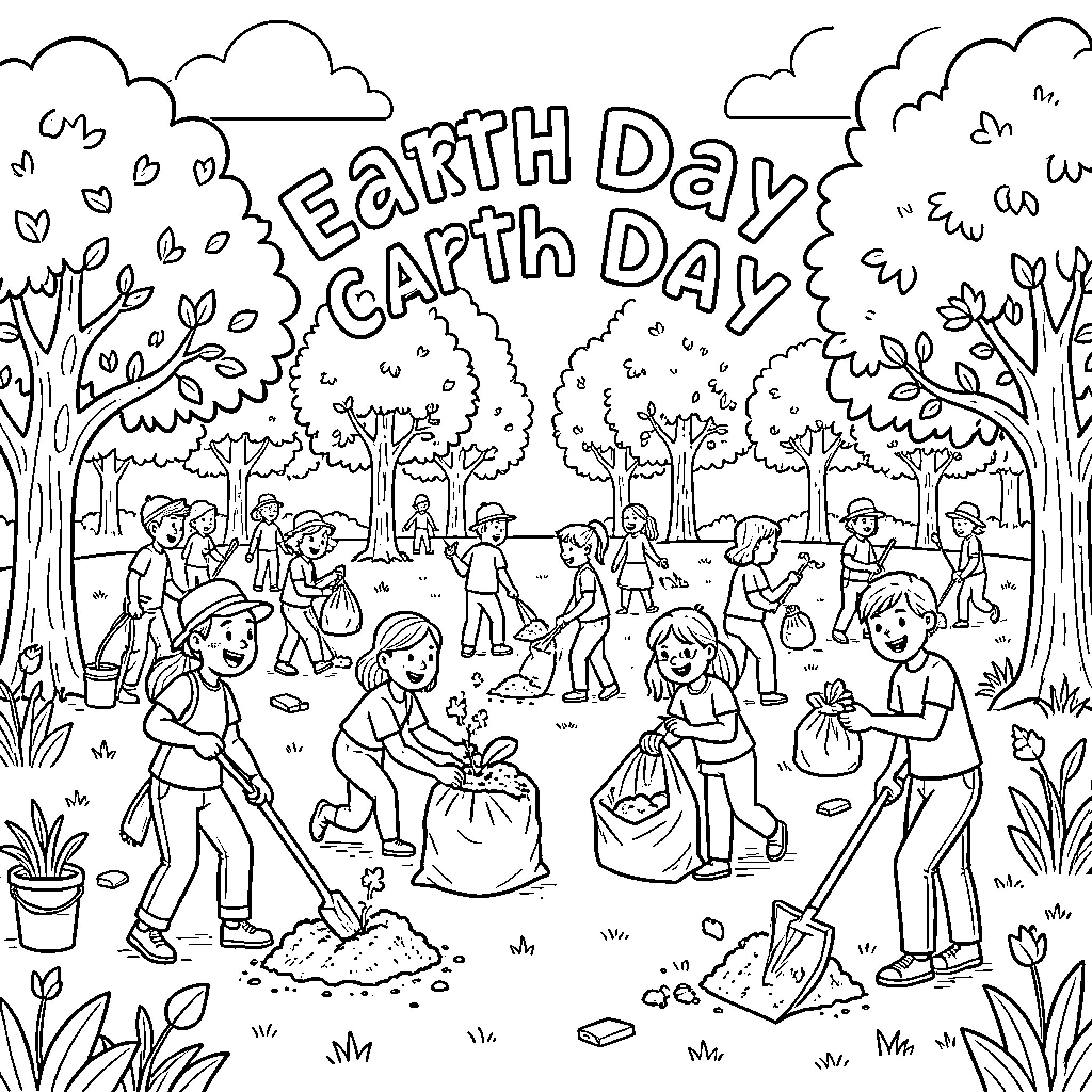 Earth Day celebration with people planting trees and cleaning up park Coloring Page (free black-and-white line drawing printable PDF for all, from beginners to advanced learners, including children, teens, adults, and seniors)