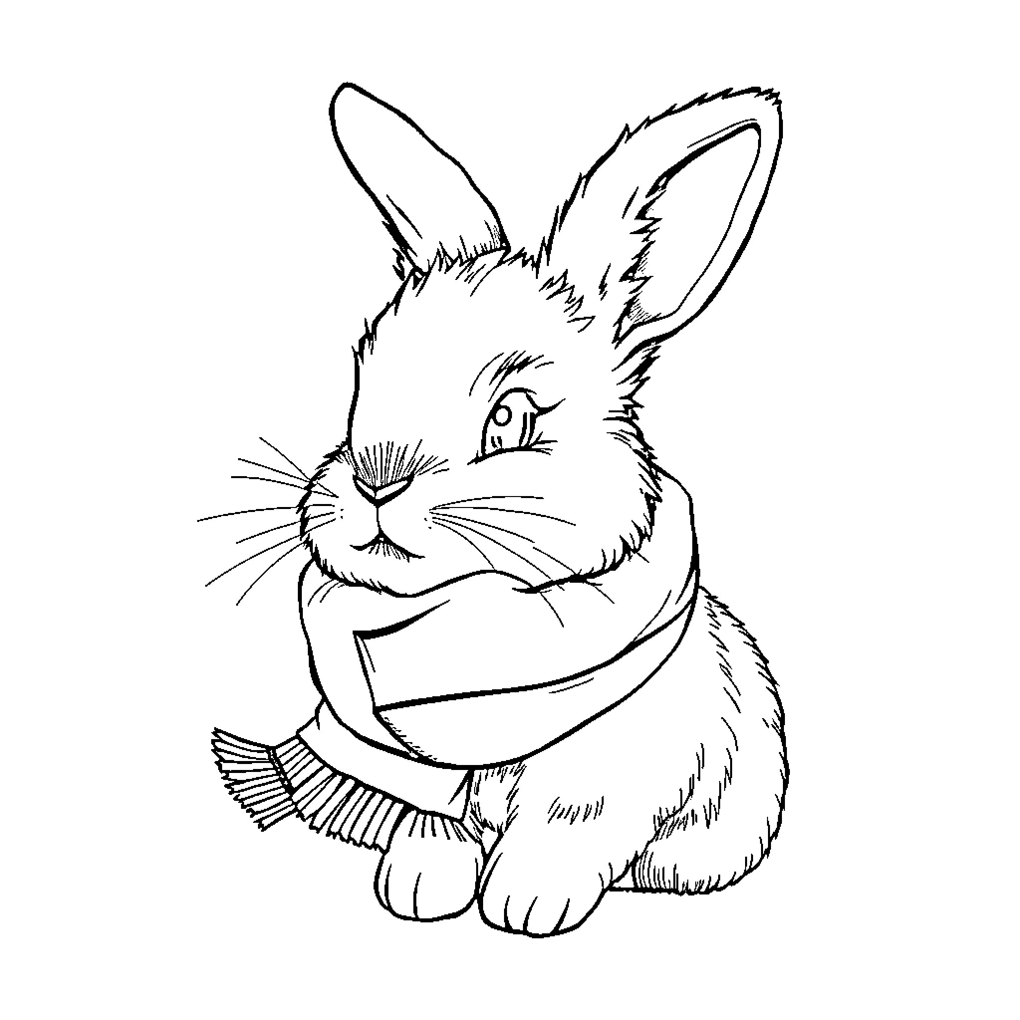 Bunny wearing a scarf and looking cozy Coloring Page (free black-and-white line drawing printable PDF for all, from beginners to advanced learners, including children, teens, adults, and seniors)