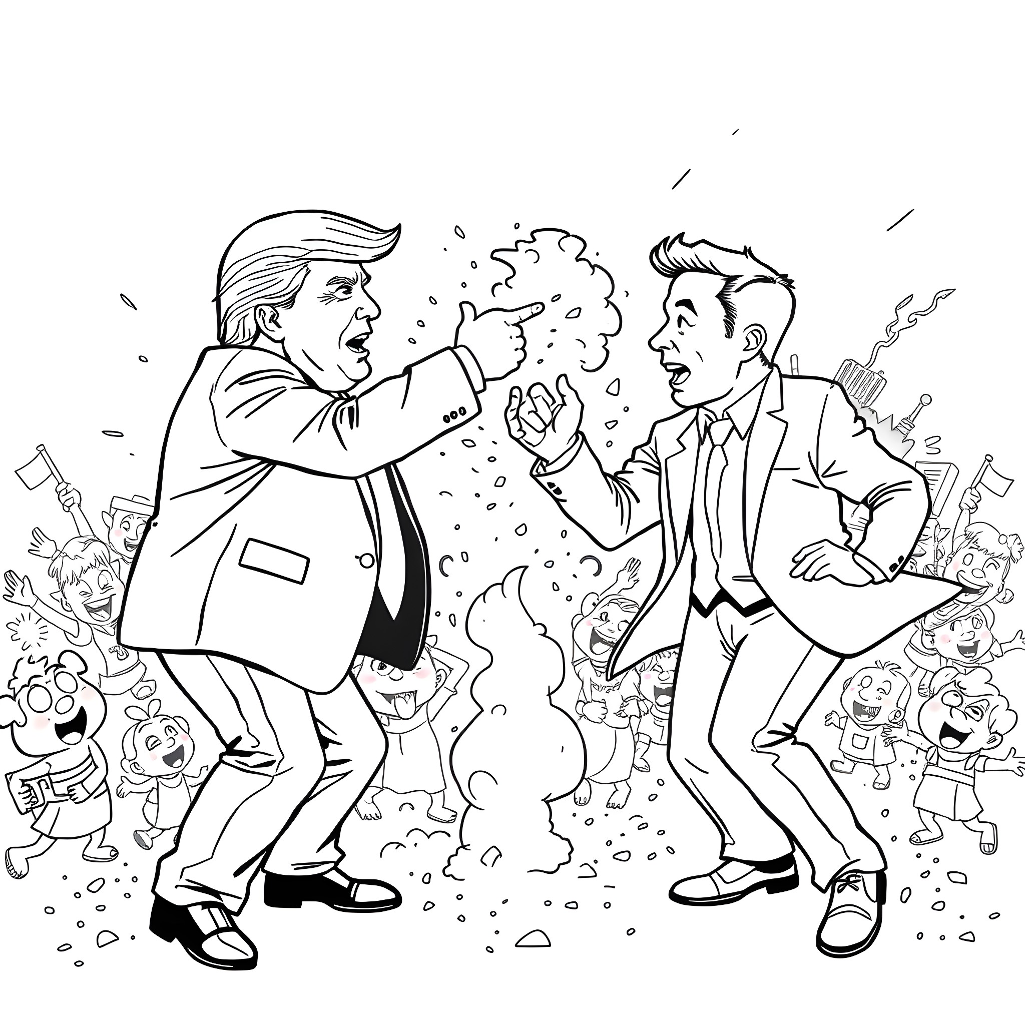 Donald Trump loudly berating another man in an argument Coloring Page (free black-and-white line drawing printable PDF for all, from beginners to advanced learners, including children, teens, adults, and seniors)