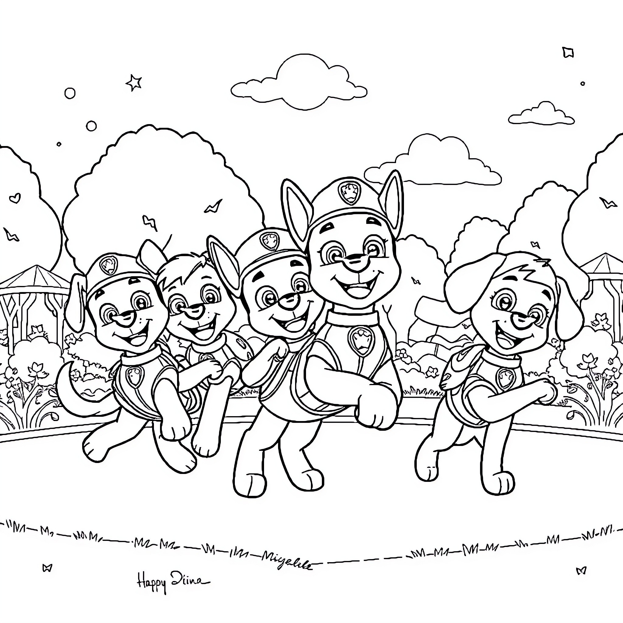 Paw Patrol puppies on an adventure Coloring Page (free black-and-white line drawing printable PDF for all, from beginners to advanced learners, including children, teens, adults, and seniors)