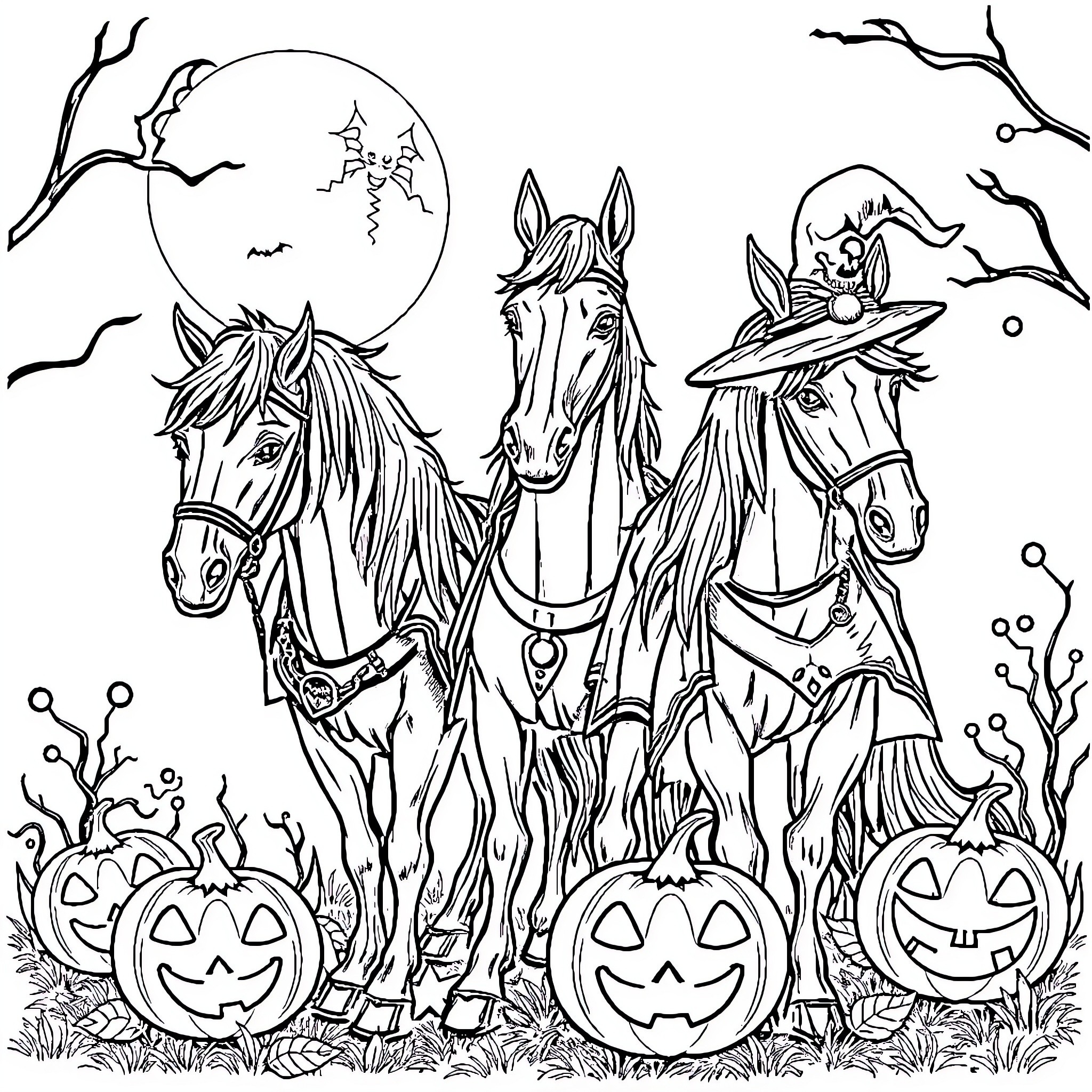 Horse-drawn carriage with Halloween costumes Coloring Page (free black-and-white line drawing printable PDF for all, from beginners to advanced learners, including children, teens, adults, and seniors)