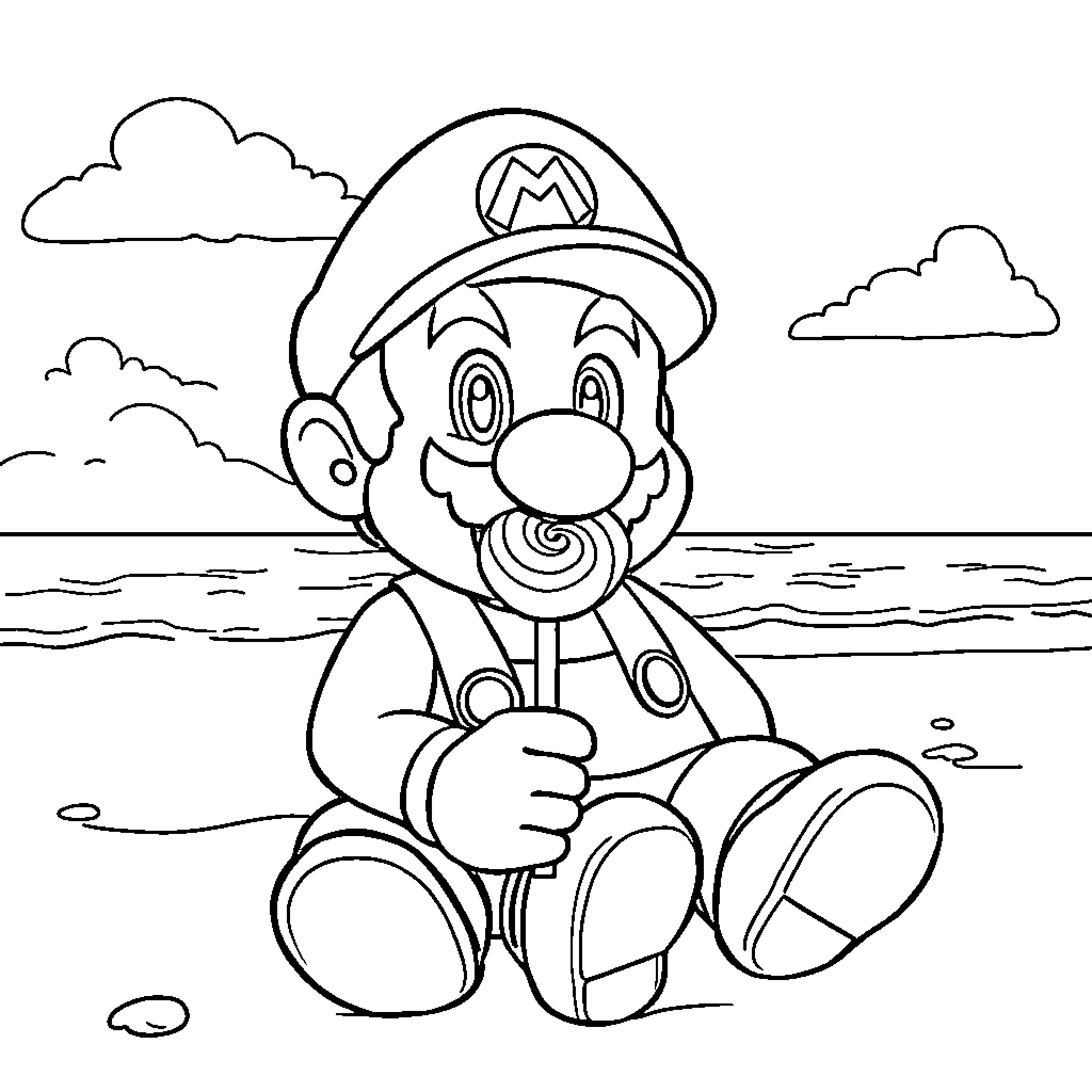 Mario enjoying a peaceful day at the beach Coloring Page (free black-and-white line drawing printable PDF for all, from beginners to advanced learners, including children, teens, adults, and seniors)