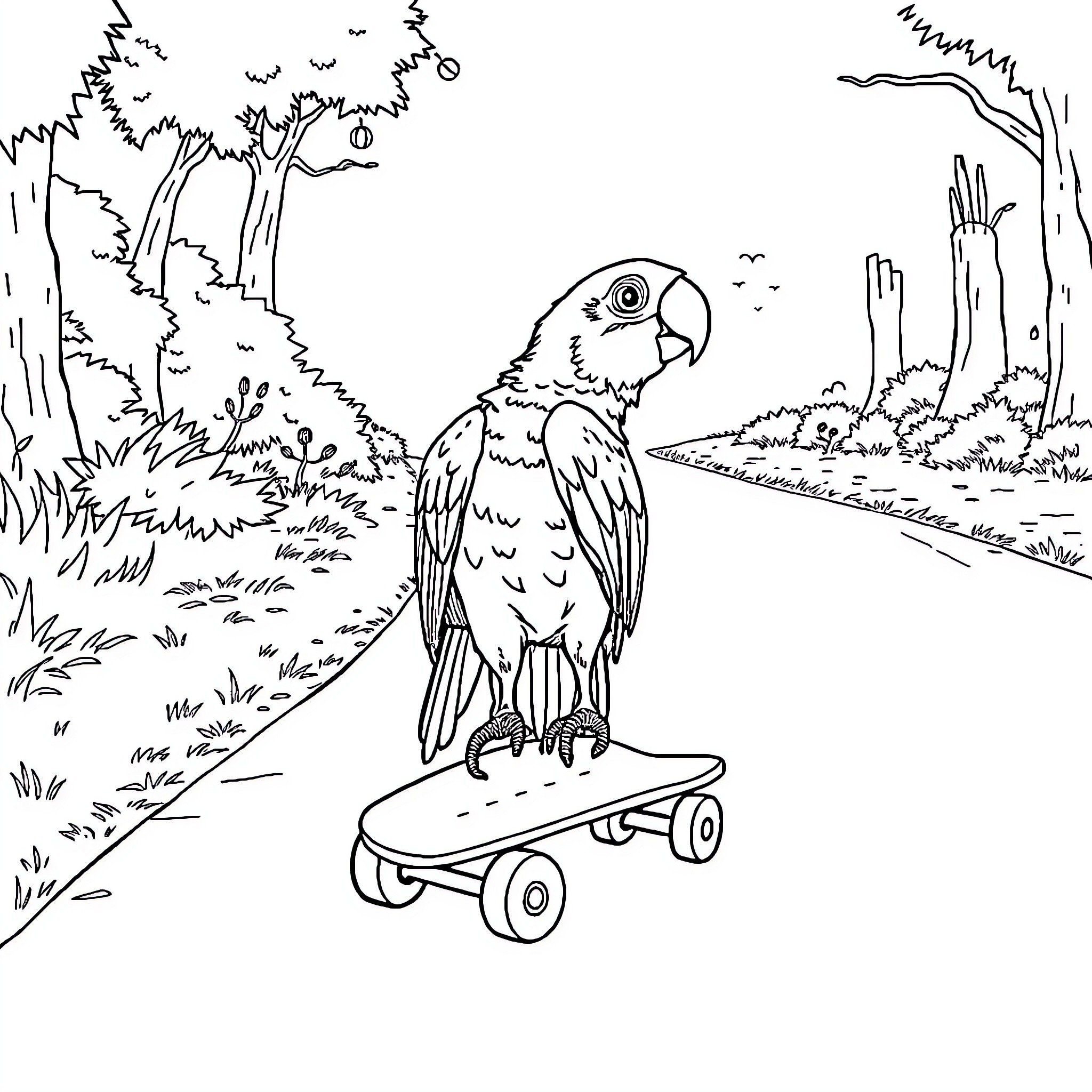 Parrot riding a skateboard in the forest Coloring Page (free black-and-white line drawing printable PDF for all, from beginners to advanced learners, including children, teens, adults, and seniors)
