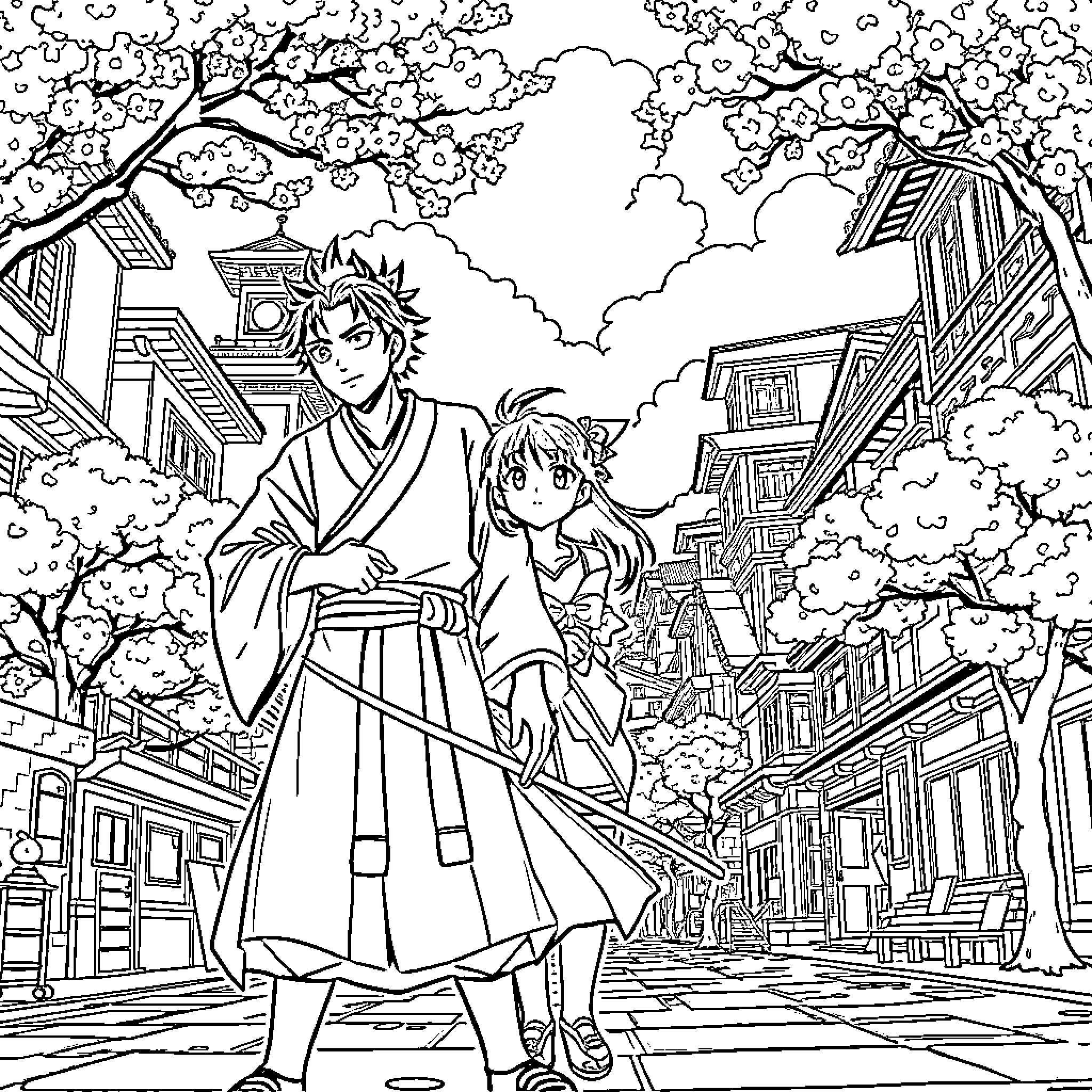 Tanjiro and Nezuko in a traditional Japanese village Coloring Page (free black-and-white line drawing printable PDF for all, from beginners to advanced learners, including children, teens, adults, and seniors)