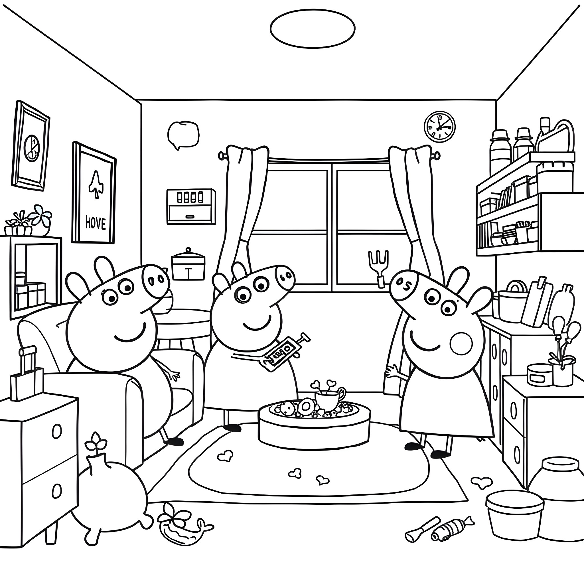 Peppa Pig and family having a fun party at home Coloring Page (free black-and-white line drawing printable PDF for all, from beginners to advanced learners, including children, teens, adults, and seniors)