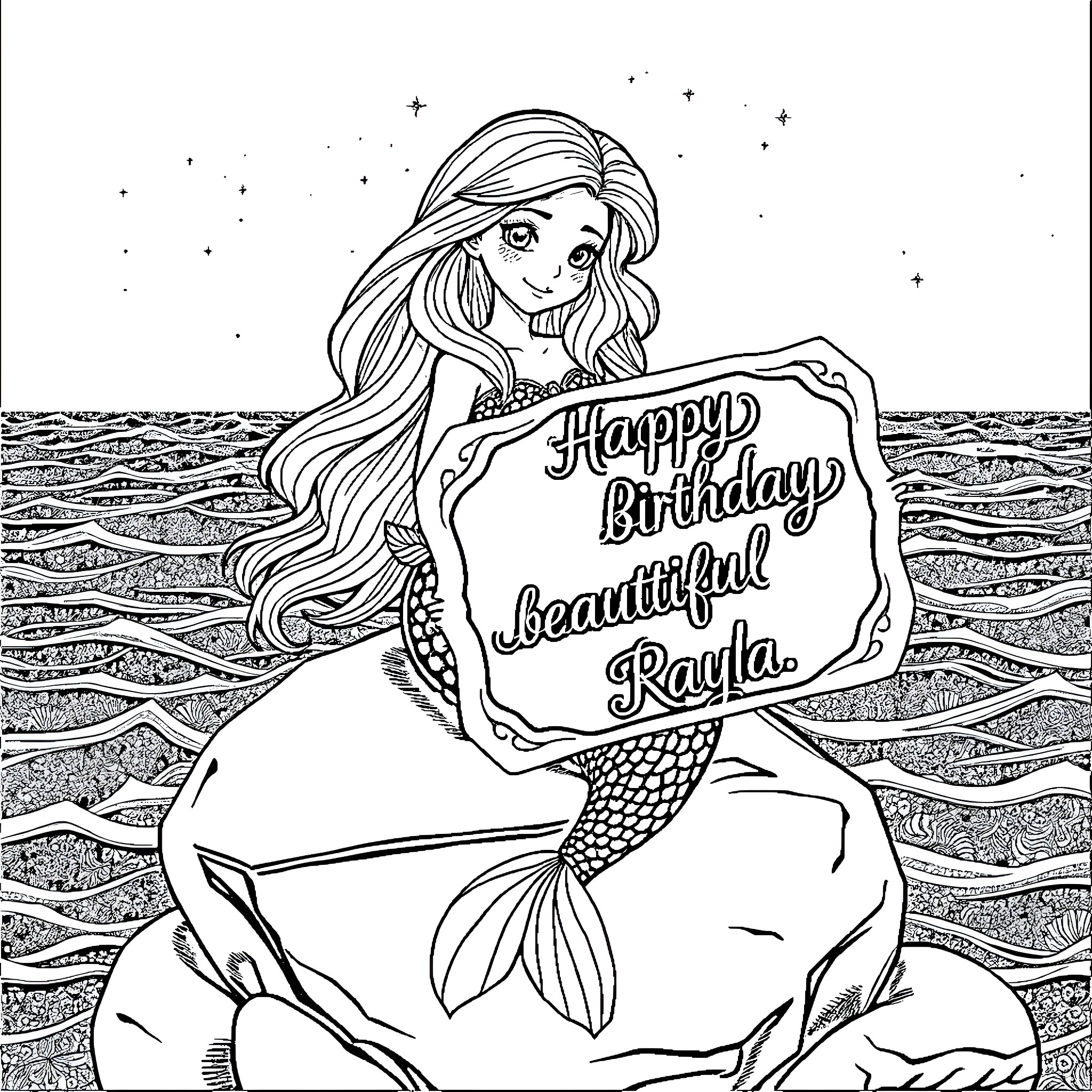 Mermaid holding birthday greeting with a smile Coloring Page (free black-and-white line drawing printable PDF for all, from beginners to advanced learners, including children, teens, adults, and seniors)